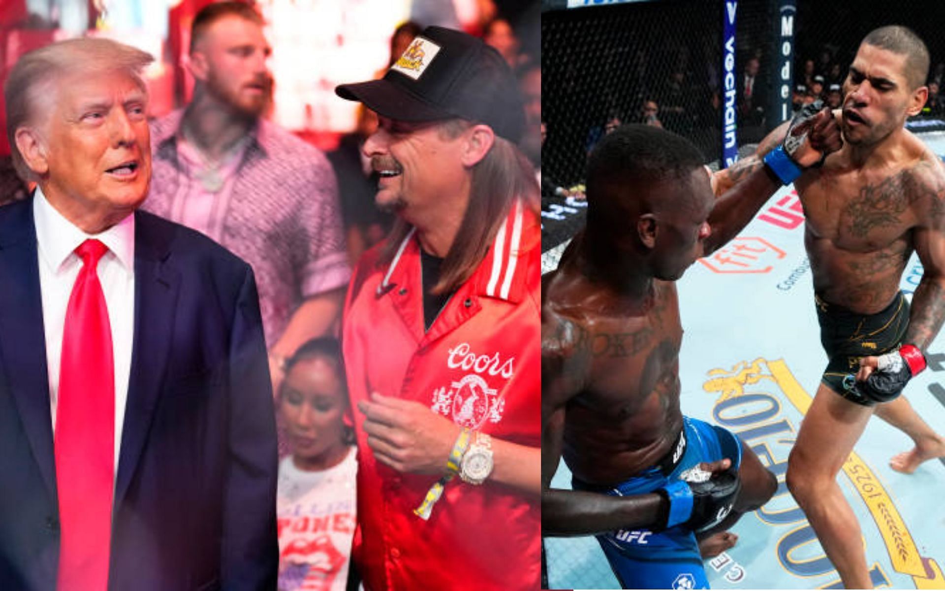 Donald Trump and Kid Rock at UFC 287 (left) and Alex Pereira vs. Israel Adesanya (right)