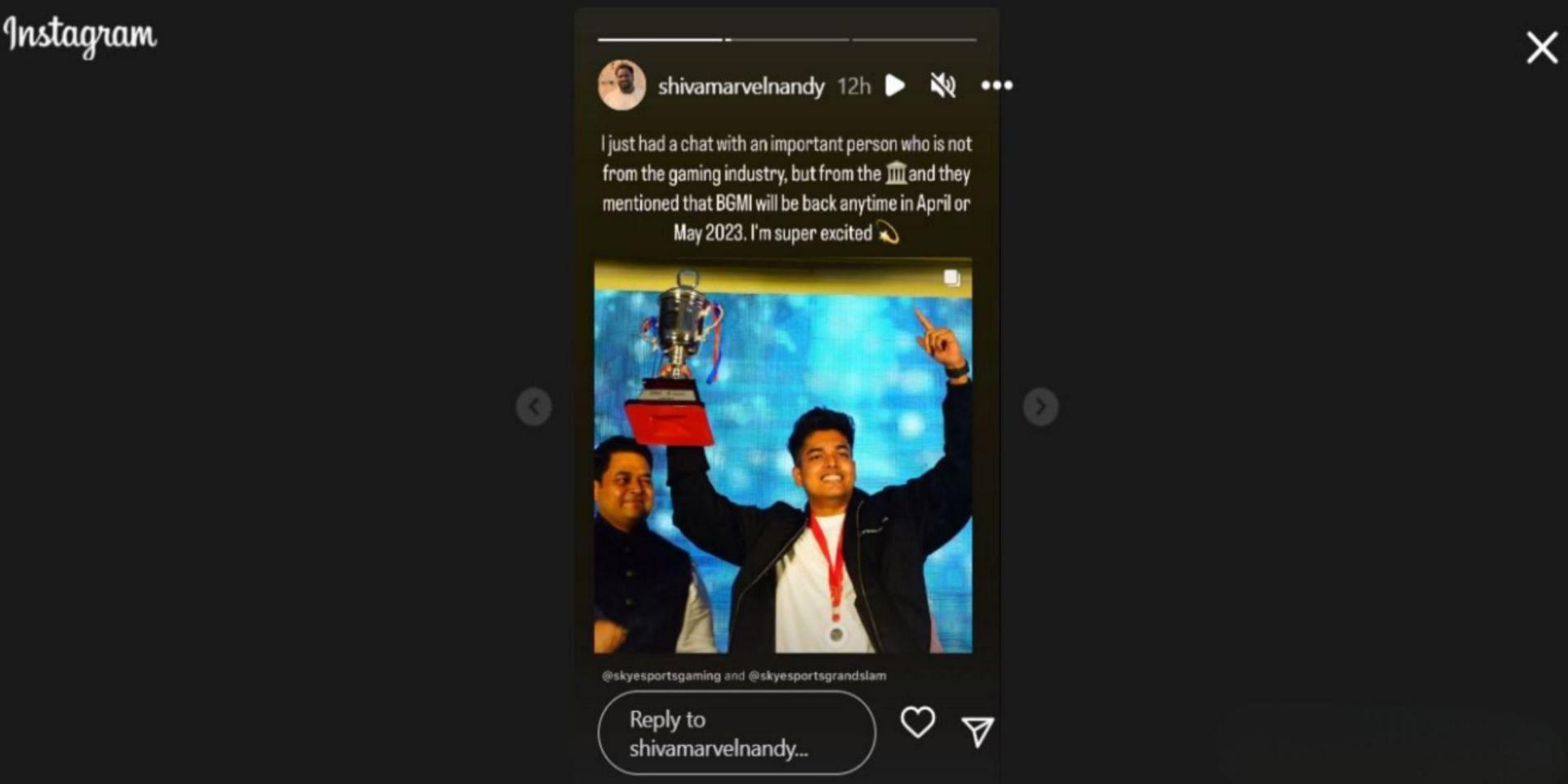 What Skyesports&#039; CEO and founder Shiva Nandy posted through his Instagram account (Image via Instagram/shivamarvelnandy)