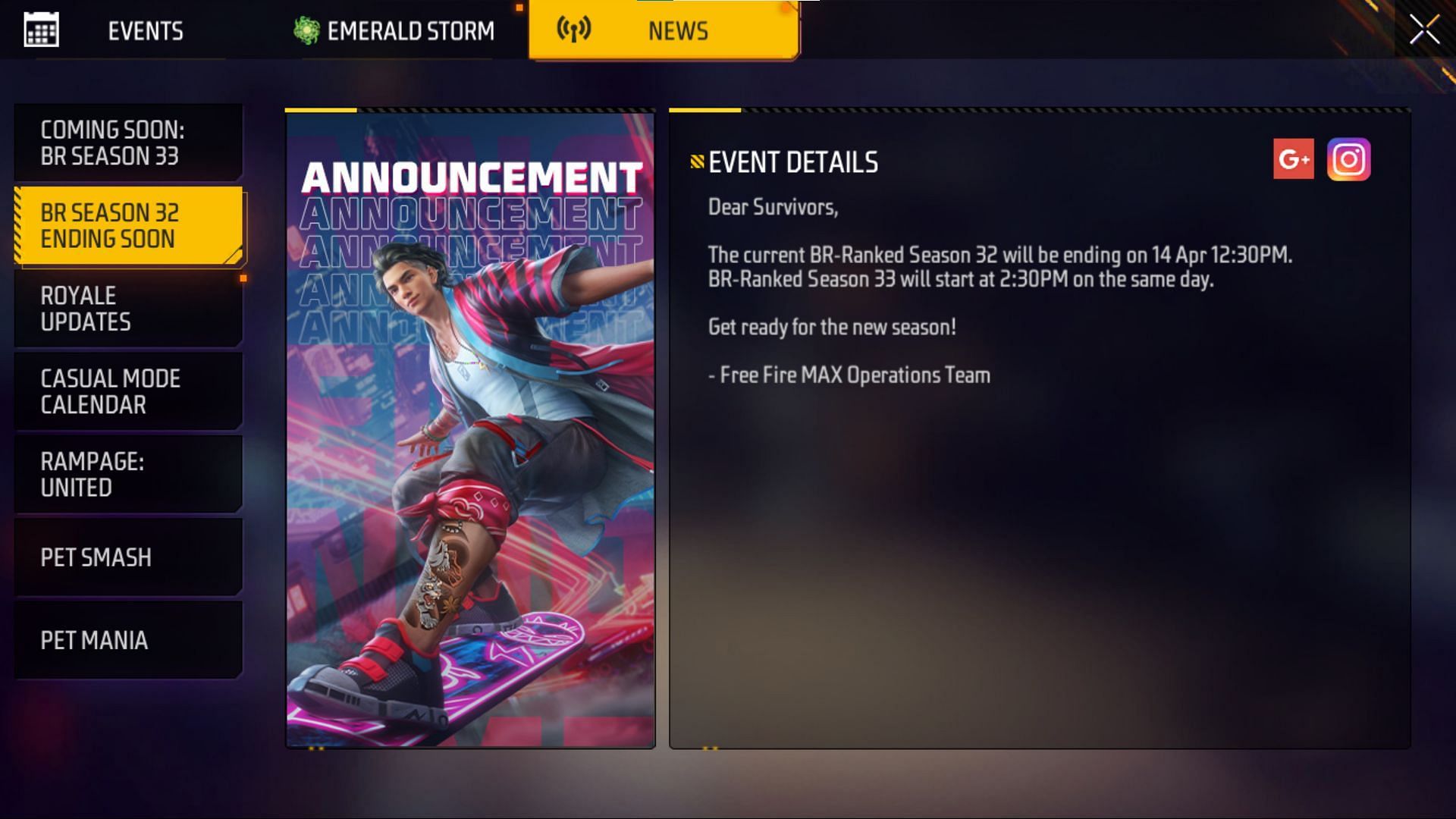 The new Free Fire MAX Battle Royale Ranked Season 33 will start on April 14 (Image via Garena)
