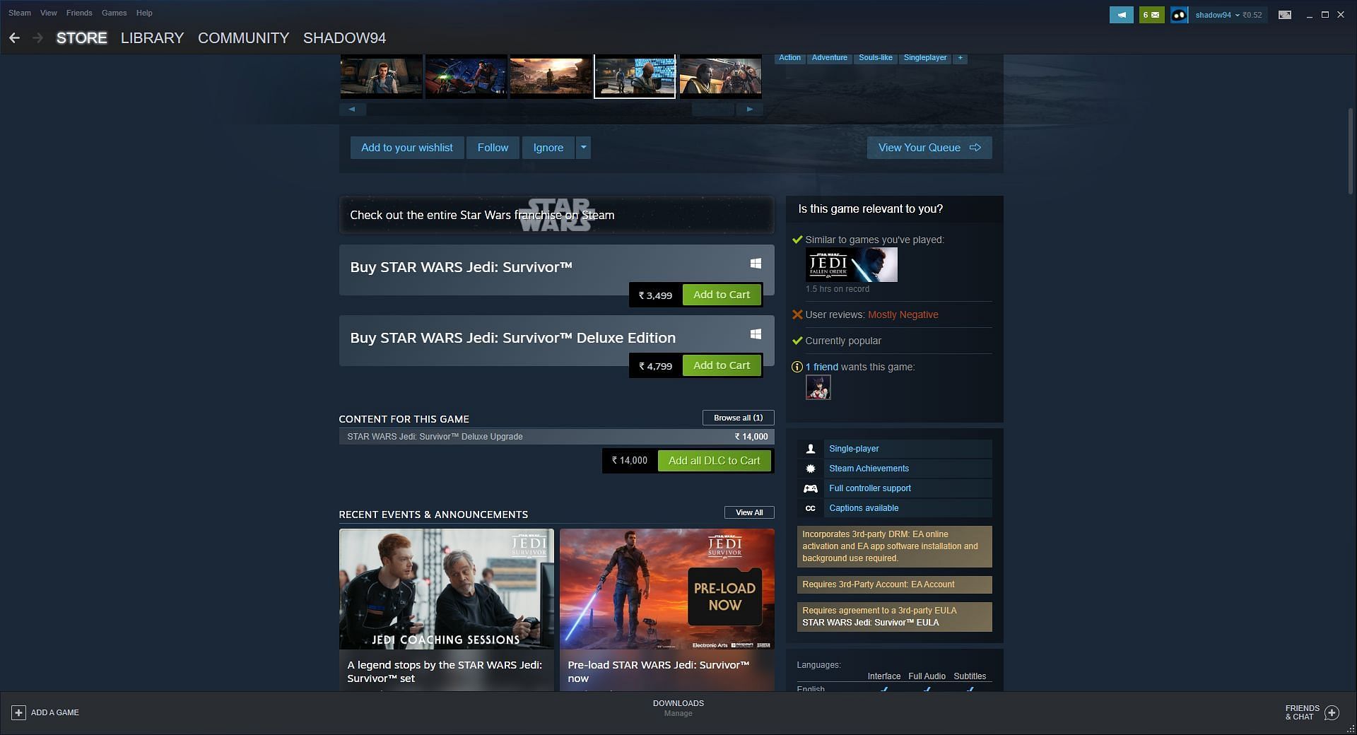 The Star Wars Jedi Survivor Deluxe Edition upgrade price tag for Indian players on Steam (Screenshot via Sportskeeda)