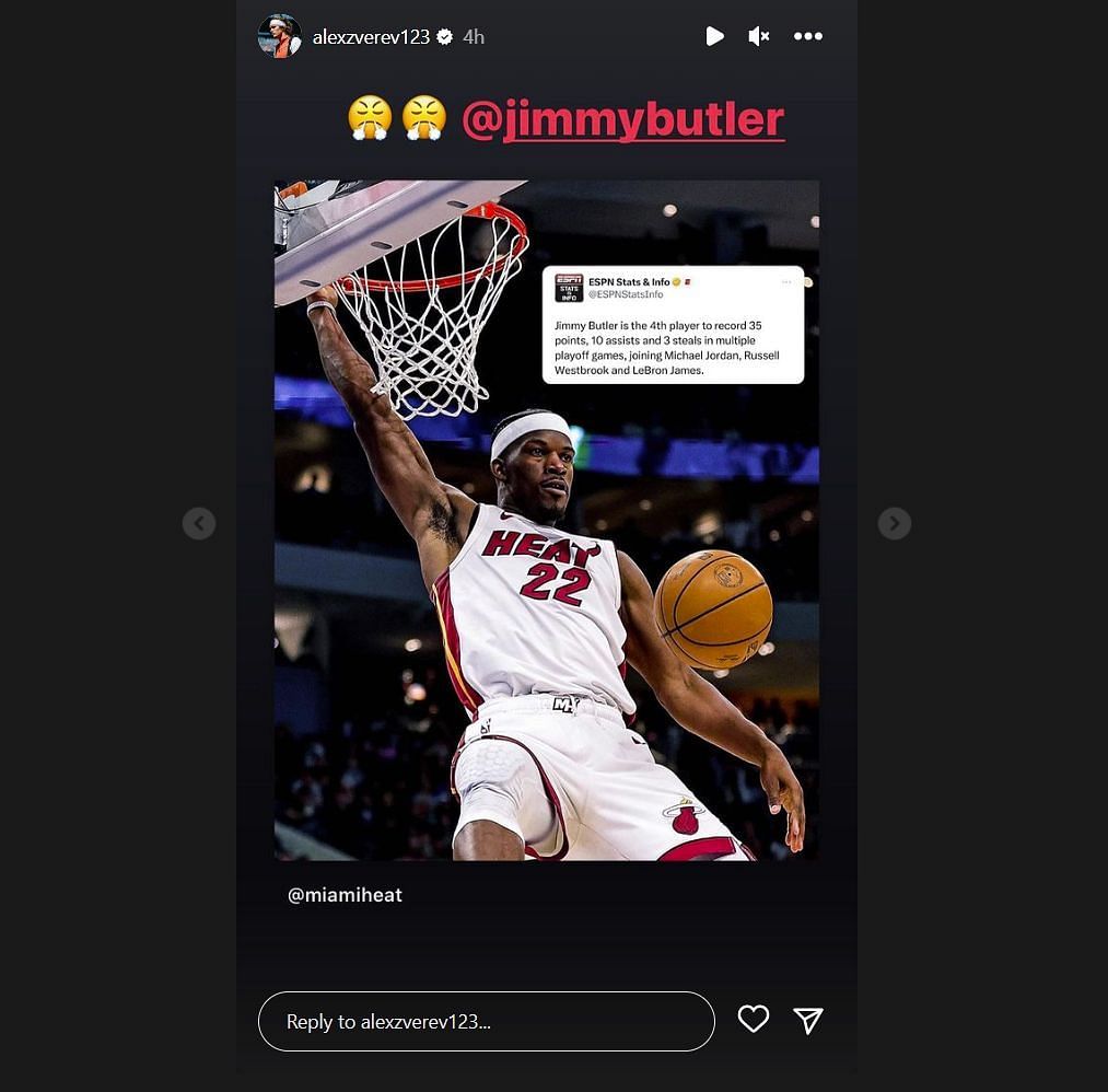 Alexander Zverev applauds Jimmy Butler&#039;s achievement (via Instagram).