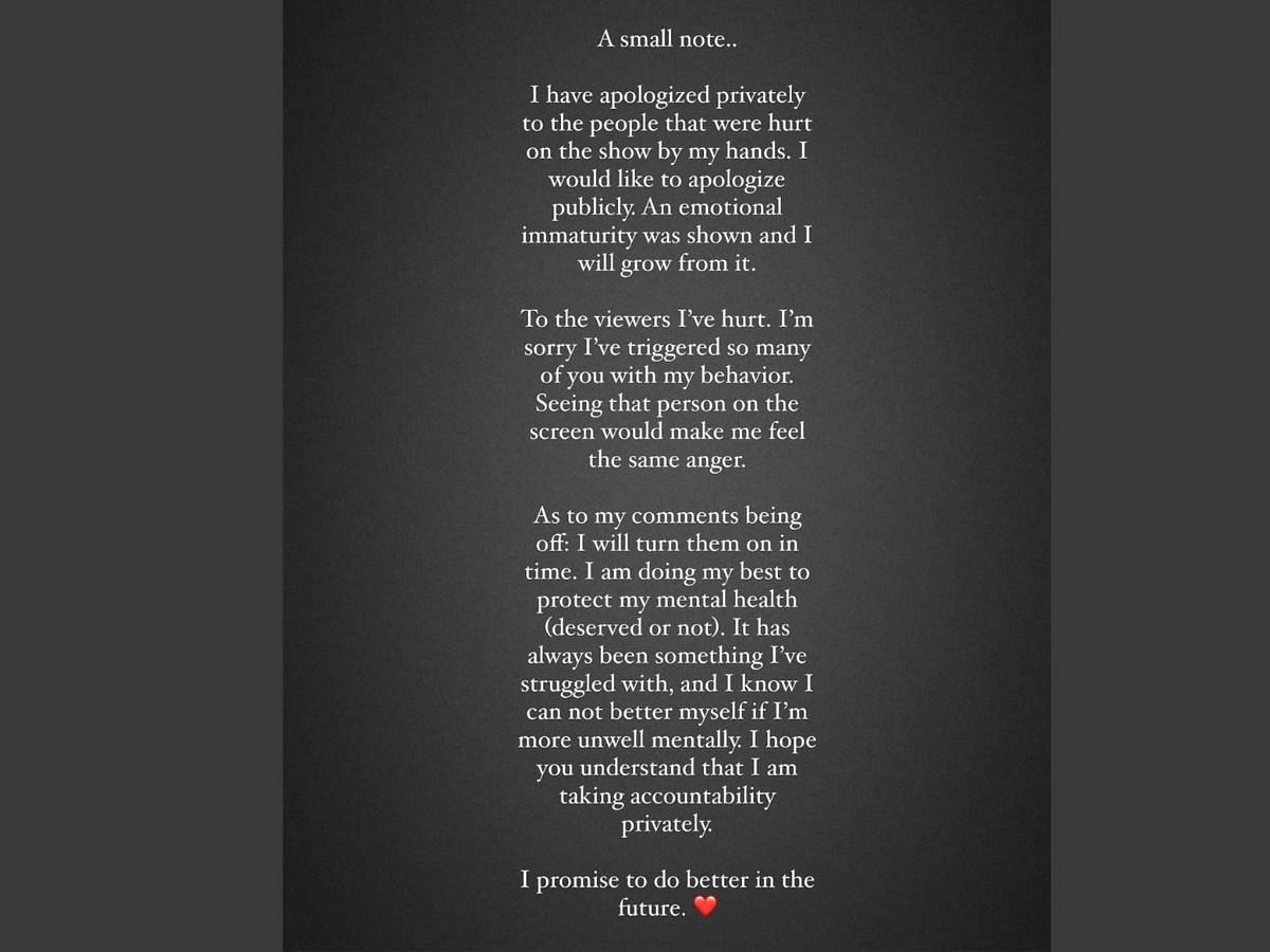 Micah gave a short apology letter in her Instagram story (Image via micah.lussier/ Instagram)