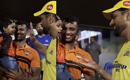 [WATCH] MS Dhoni has a fun interaction with SRH pacer Natarajan's daughter