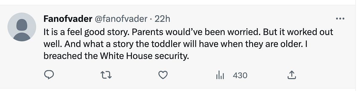 Social media users react to a toddler intruding the President&#039;s mansion by making his way in from between the fence (Image via Twitter)