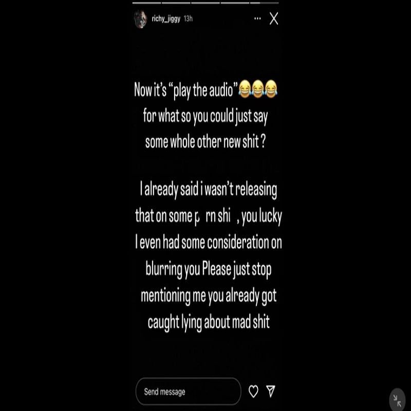 The Instagram story where Jiggy allegedly claims he will not be releasing the video (Image via @richy_jiggy/Instagram)