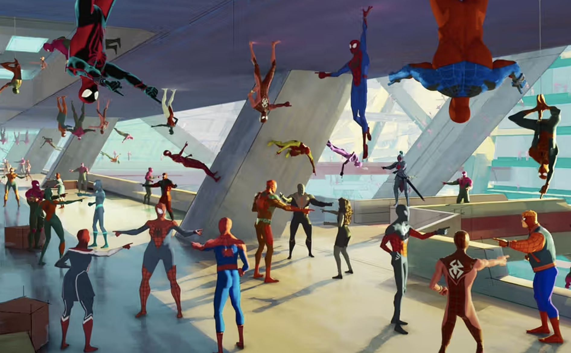The iconic pointing meme returns, as all Spider-Men point at each other in the midst of action (Image via Sony Pictures)