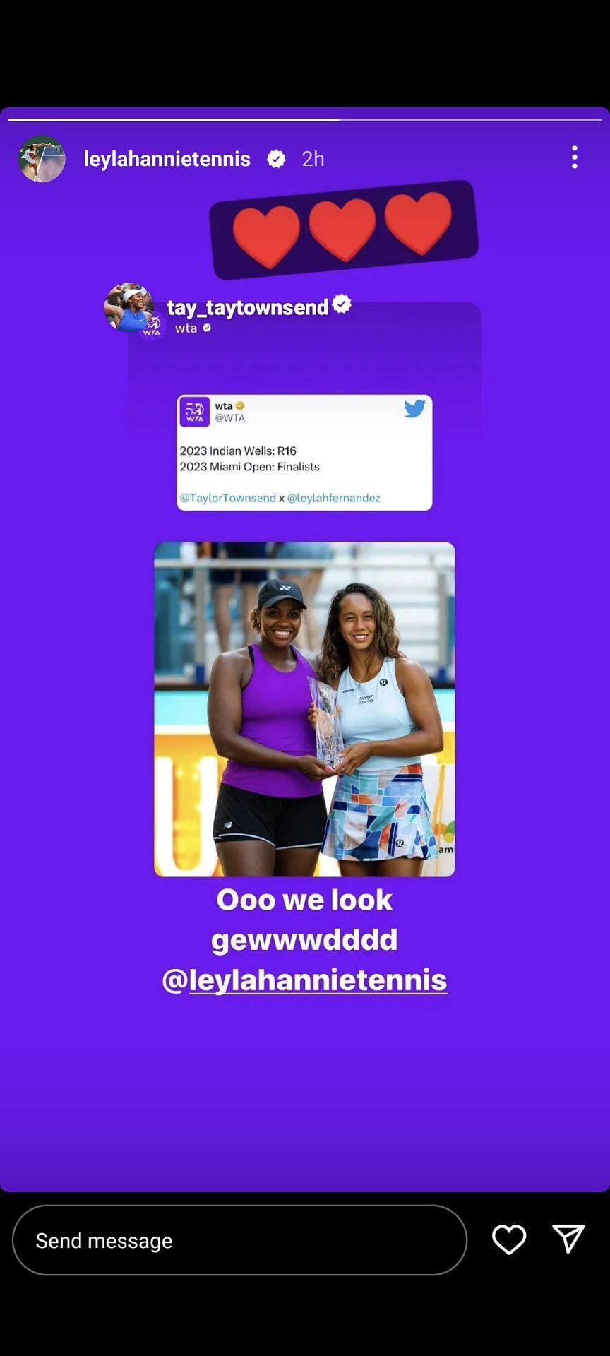Fernandez reacts to a post shared by Taylor Townsend on Instagram