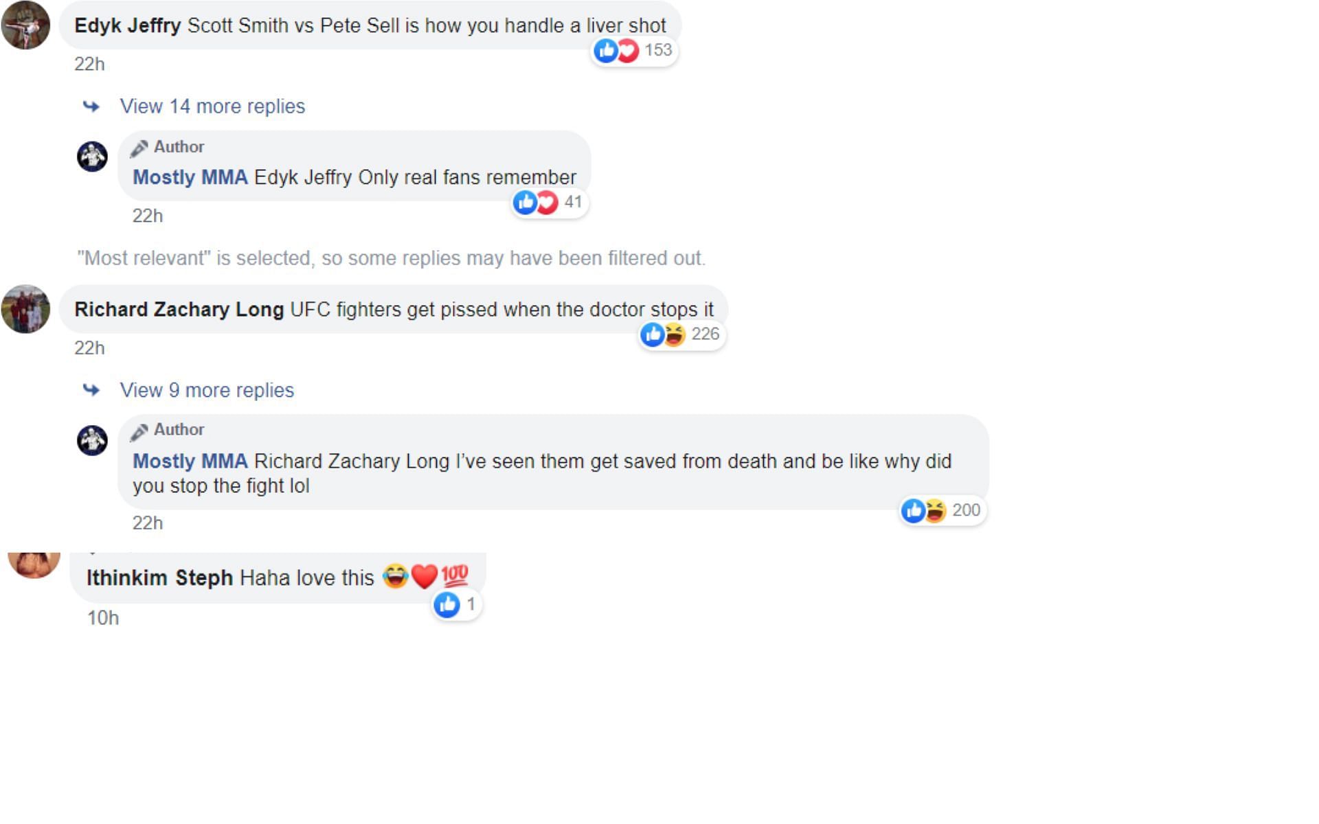 Screenshot of fan comments on Mostly MMA&#039;s Facebook post