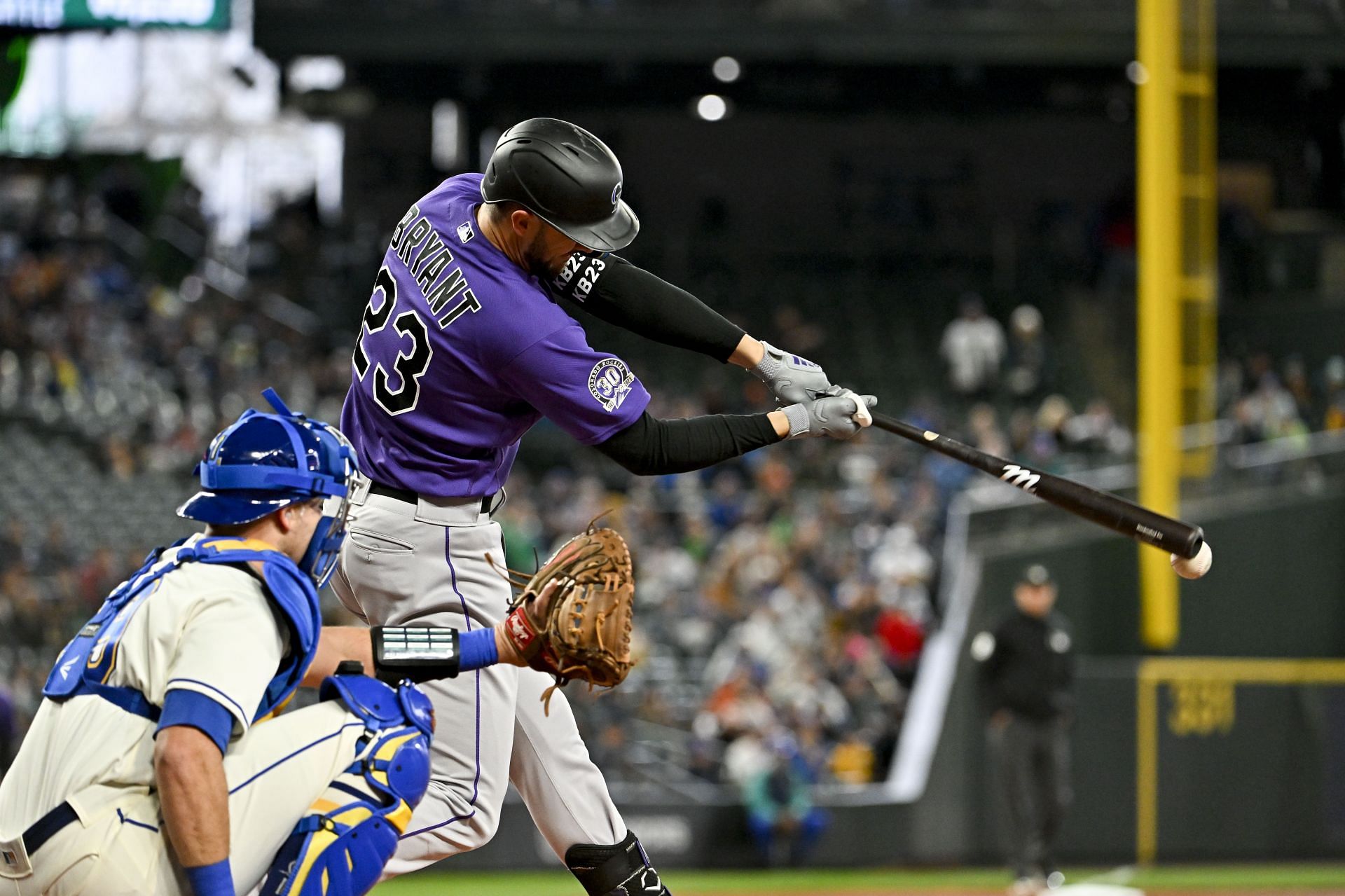 Colorado Rockies v Seattle Mariners SEATTLE, WASHINGTON - APRIL 16: Kris Bryant #23 of the Colorado Rockies bats during the first inning against the Seattle Mariners at T-Mobile Park on April 16, 2023 in Seattle, Washington. (Photo by Alika Jenner/Getty Images)