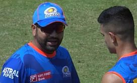 [WATCH] Debutant Arjun Tendulkar receives the Mumbai Indians cap from captain Rohit Sharma