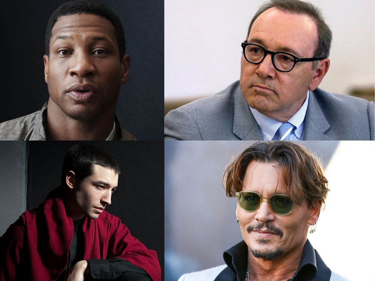 Jonathan Majors, Johnny Depp, Kevin Spacey, and Ezra Miller (Images via. The New York Times, IMDb, Biography.com)