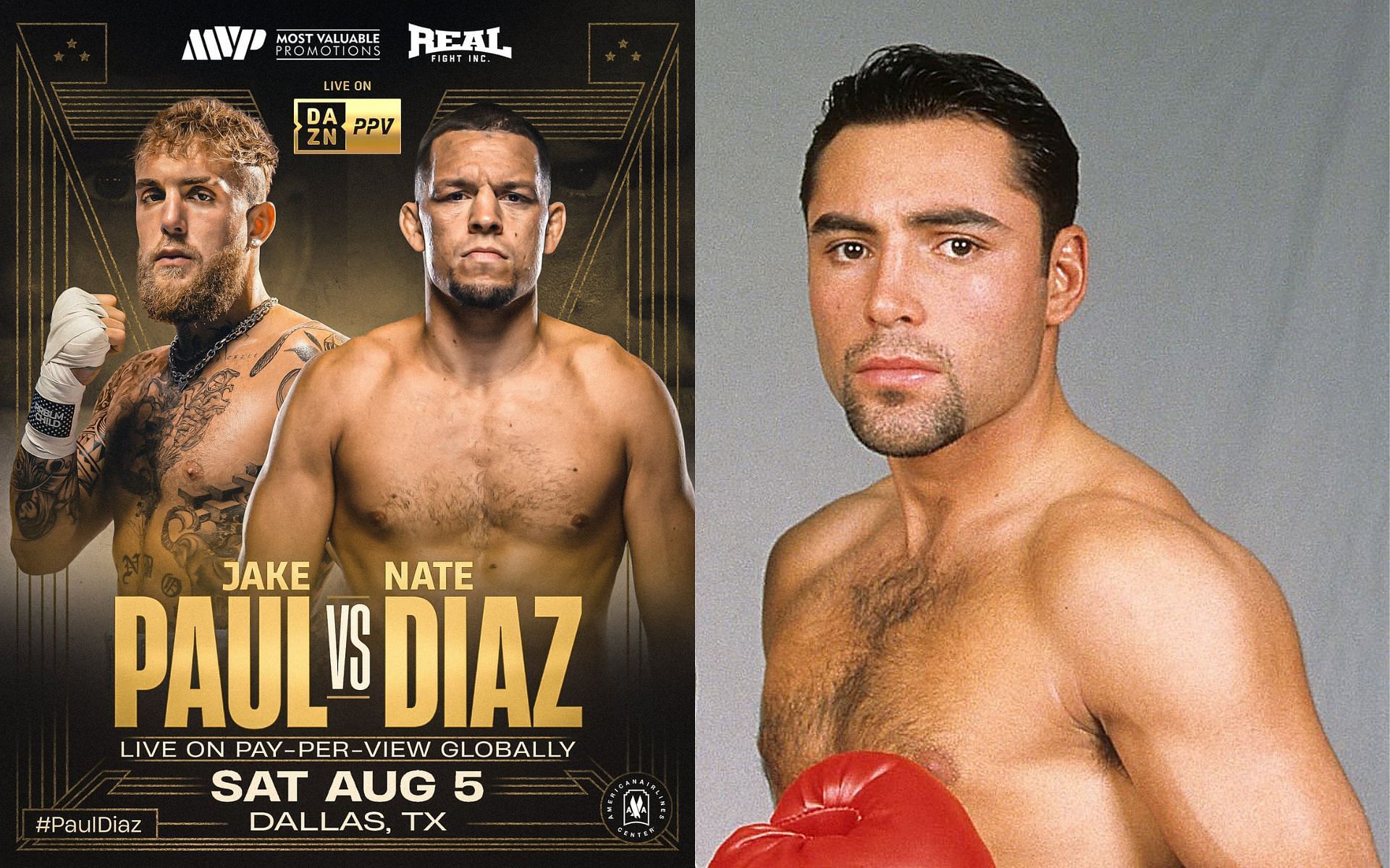 Jake Paul vs. Nate Diaz poster [Left] Oscar De La Hoya [Right] [Images courtesy: @arielhelwani and @BoxingNewsED (Twitter)]