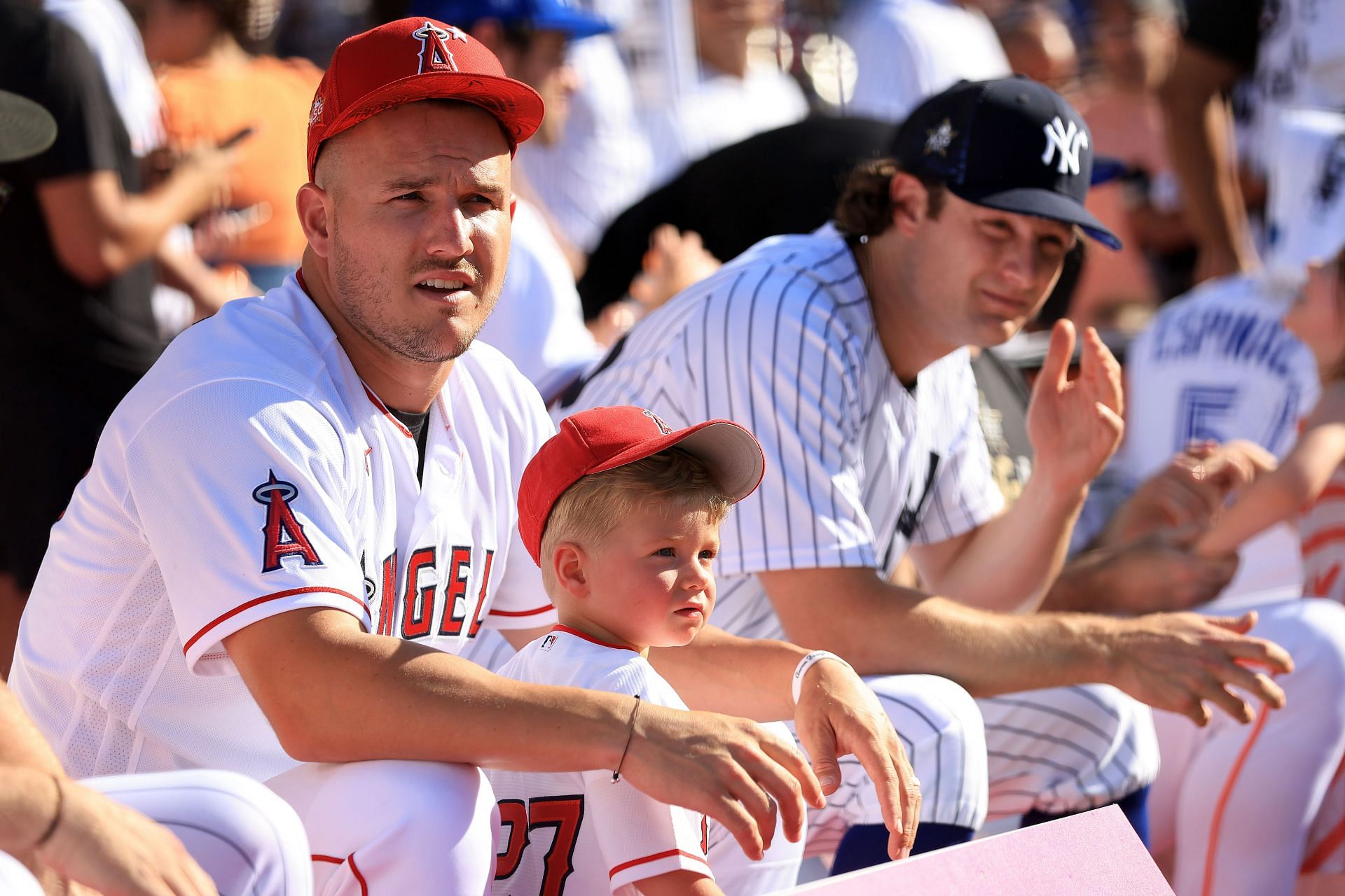 American League All-Star Mike Trout #27 of the Los Angeles Angels looks on during the 2022 T-Mobile Home Run Derby at Dodger Stadium on July 18, 2022 in Los Angeles, California.