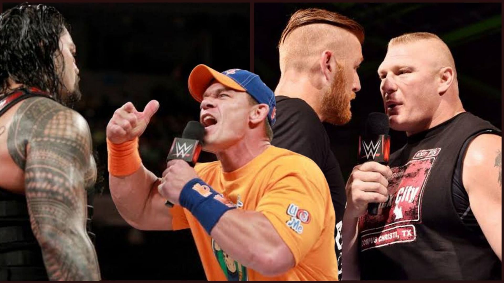 Roman Reigns and John Cena (L); Heath Slater and Brock Lesnar (R).