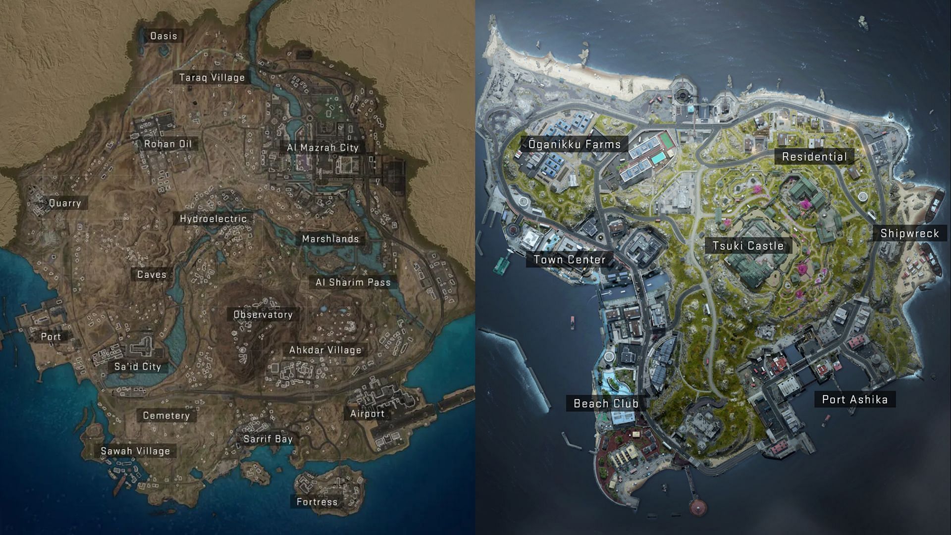 Al Mazrah (left) and Ashika Island (right) in Call of Duty: Warzone 2 (Image via Activision)