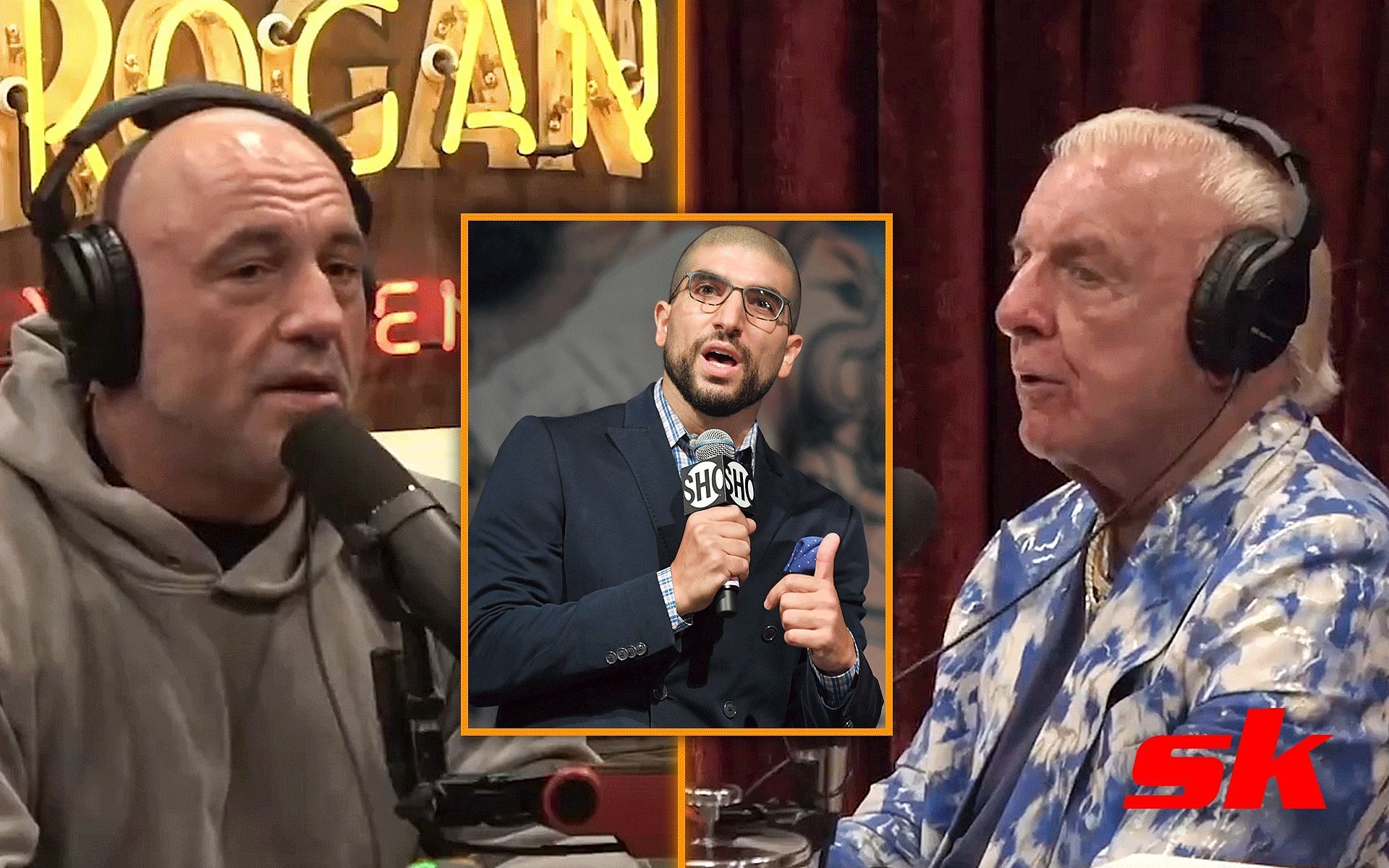 Joe Rogan and Ric Flair bring up Ariel Helwani [Image courtesy: @NoContextAriel on Twitter, Getty]