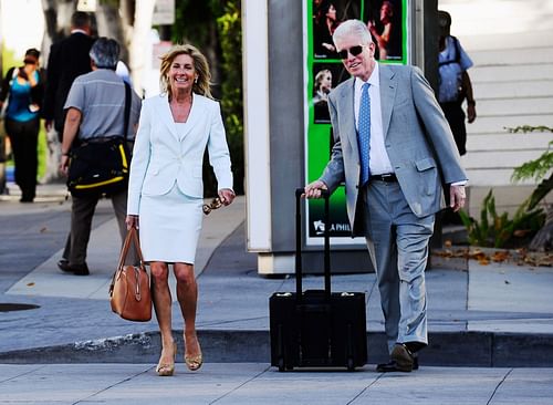 McCourt Divorce Trial Continues With Ownership Of Dodgers In Contention: LOS ANGELES, CA - AUGUST 31: Jamie McCourt (L), Former Los Angeles Dodgers CEO, arrives with her attorney, Dennis Wasser at Los Angeles County Superior Court for day two of a non-jury divorce trial on August 31, 2010 in Los Angeles, California. 