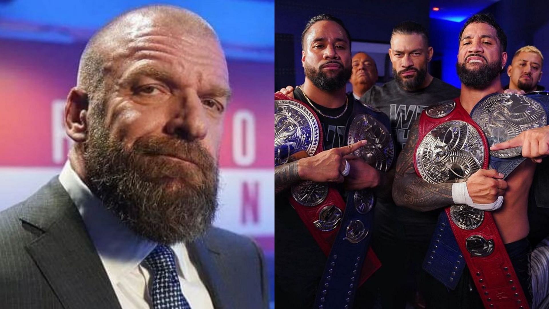 WWE CCO Triple H (left) and The Bloodline (right)