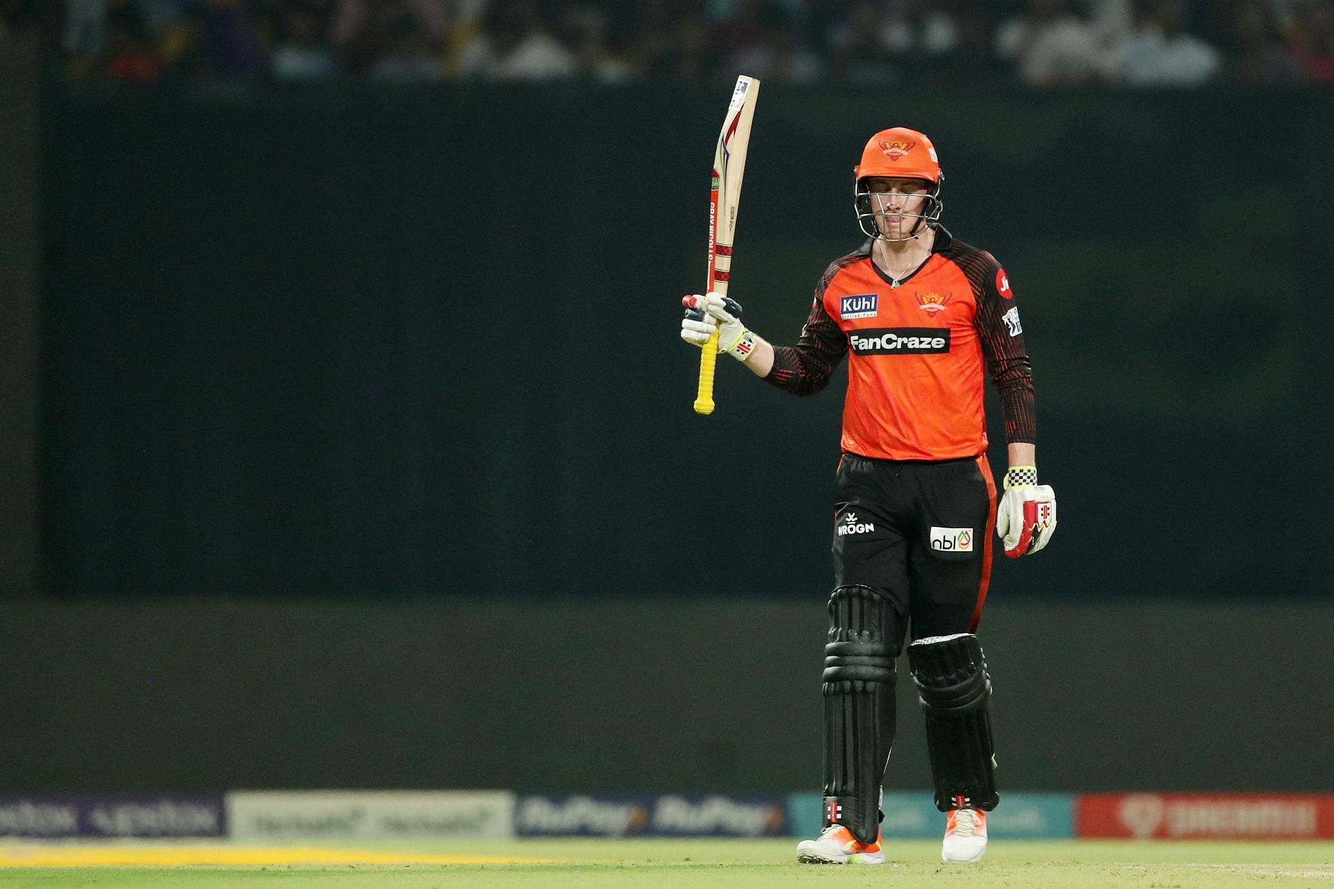 Harry Brook raises his bat after completing a half-century for SRH (PC: Twitter/IPL)
