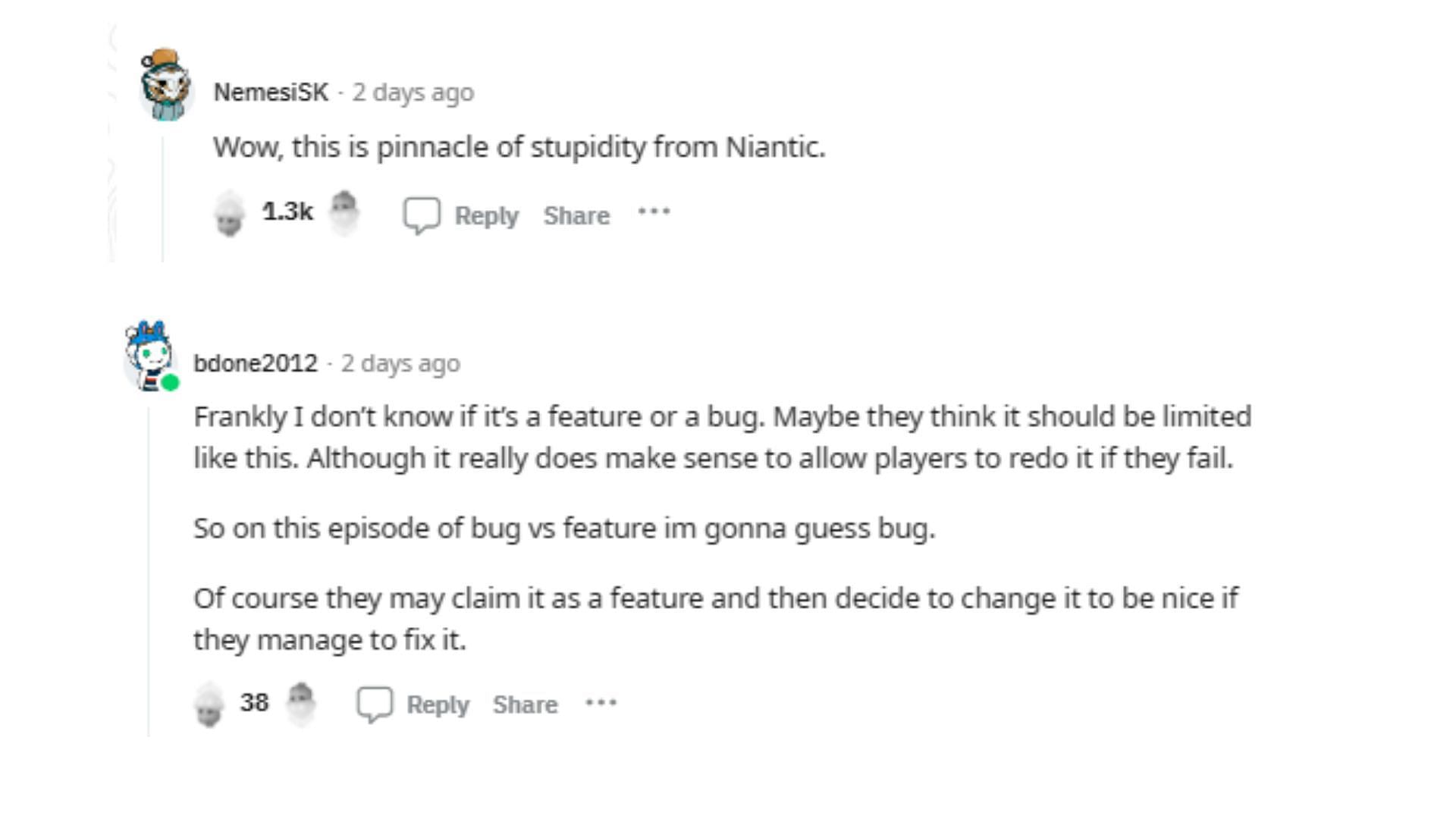 Comments on the post about the latest Remote raid bug post in Reddit. (Image via Niantic)