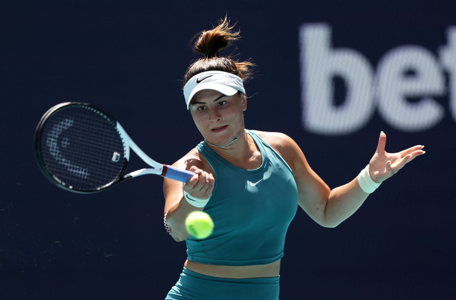Bianca Andreescu in action at the 2023 Miami Open, where she sustained her ankle injury