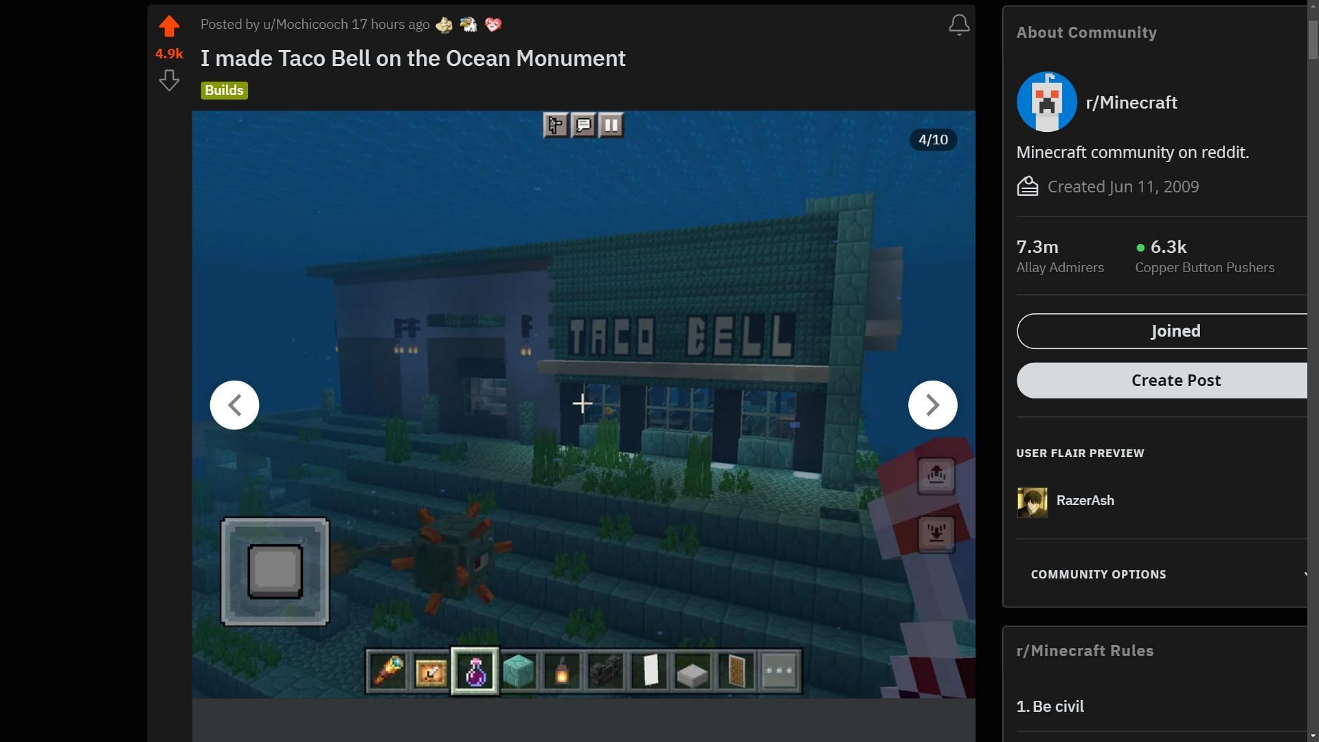 The post about the underwater taco bell build did quite well on the official Minecraft Reddit page (Image via Sportskeeda)