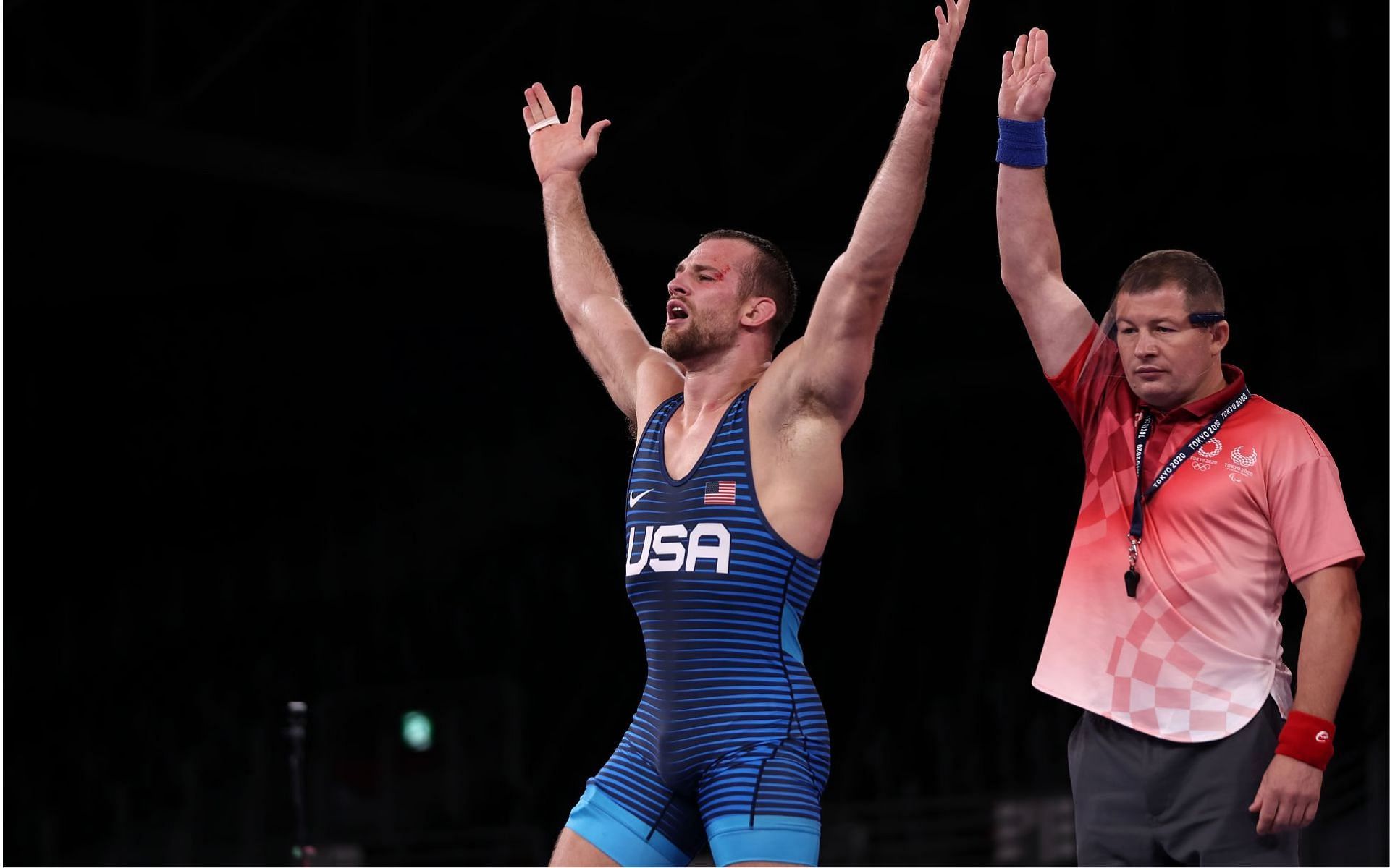 2020 Olympic gold medalist in freestyle wrestling David Taylor after winning the Olympic finals