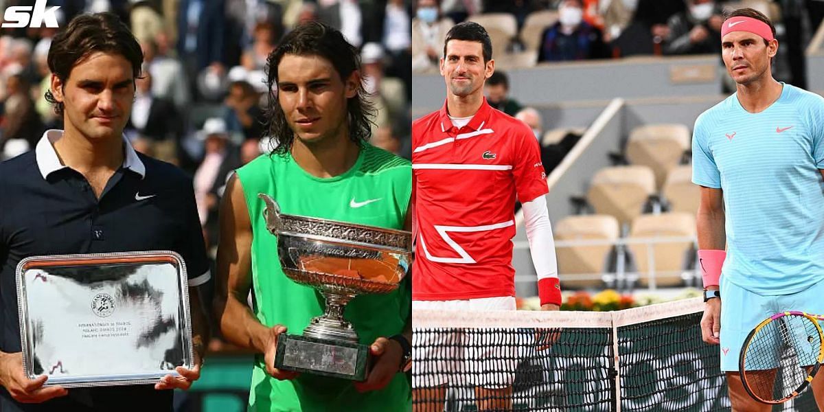 Rafael Nadal with Roger Federer (L) and Nadal with Novak Djokovic (R)