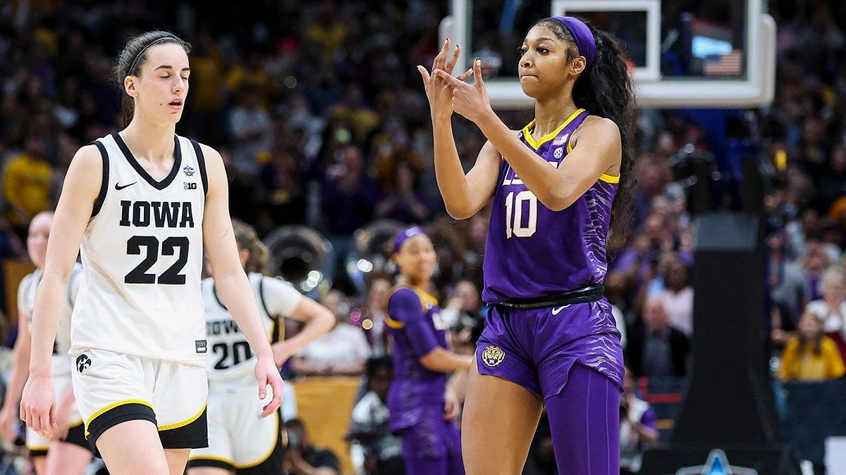 LSU star forward Angel Reese taunting Iowa star guard Caitlin Clark during Sunday&#039;s women&#039;s national title game