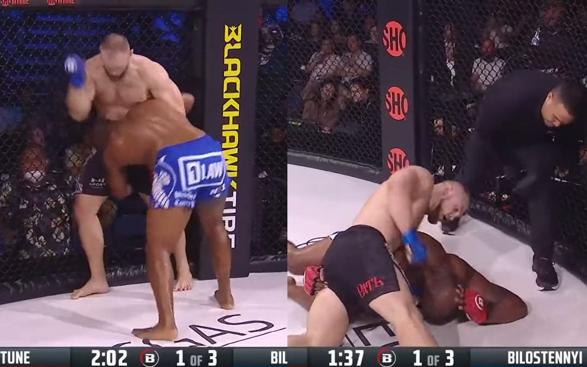 Screenshots of the finishing seqence at Bellator 294 last night between Fortune and Bilostenniy [Images courtesy: @CSTodayNews on Twitter]