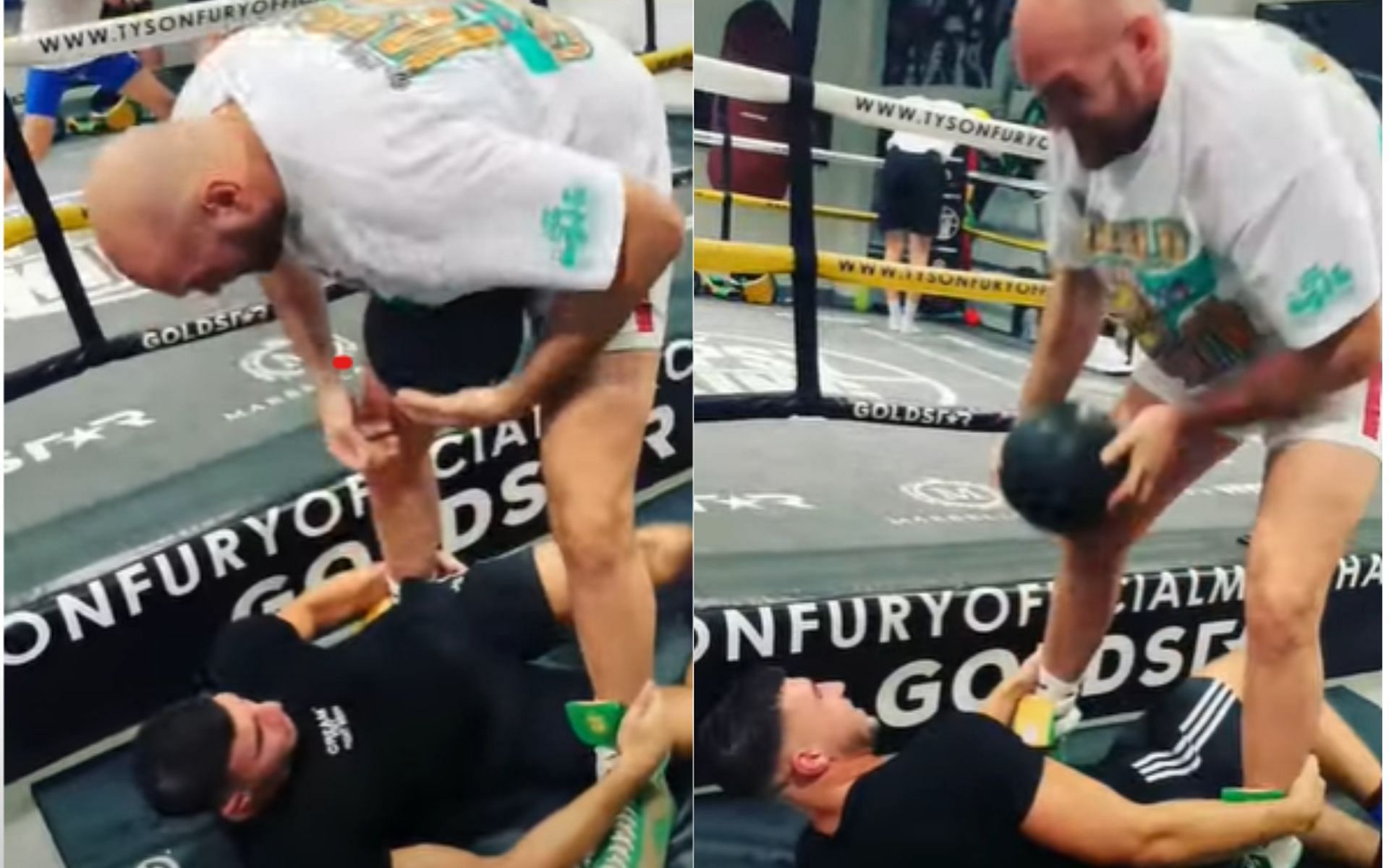 Tyson Fury and Tommy Fury training with a medicine ball.