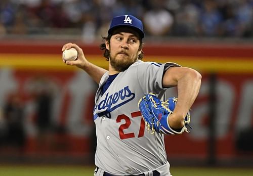 Trevor Bauer #27 of the Los Angeles Dodgers delivers a first-inning pitch against the Arizona Diamondbacks at Chase Field on June 18, 2021, in Phoenix, Arizona. (Photo by Norm Hall/Getty Images)