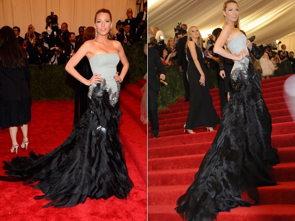 Blake carried off a bold and edgy look for 2013 Met Gala (Image via Kevin Mazur/Getty, Rabbani and Solimene Photography/Getty)