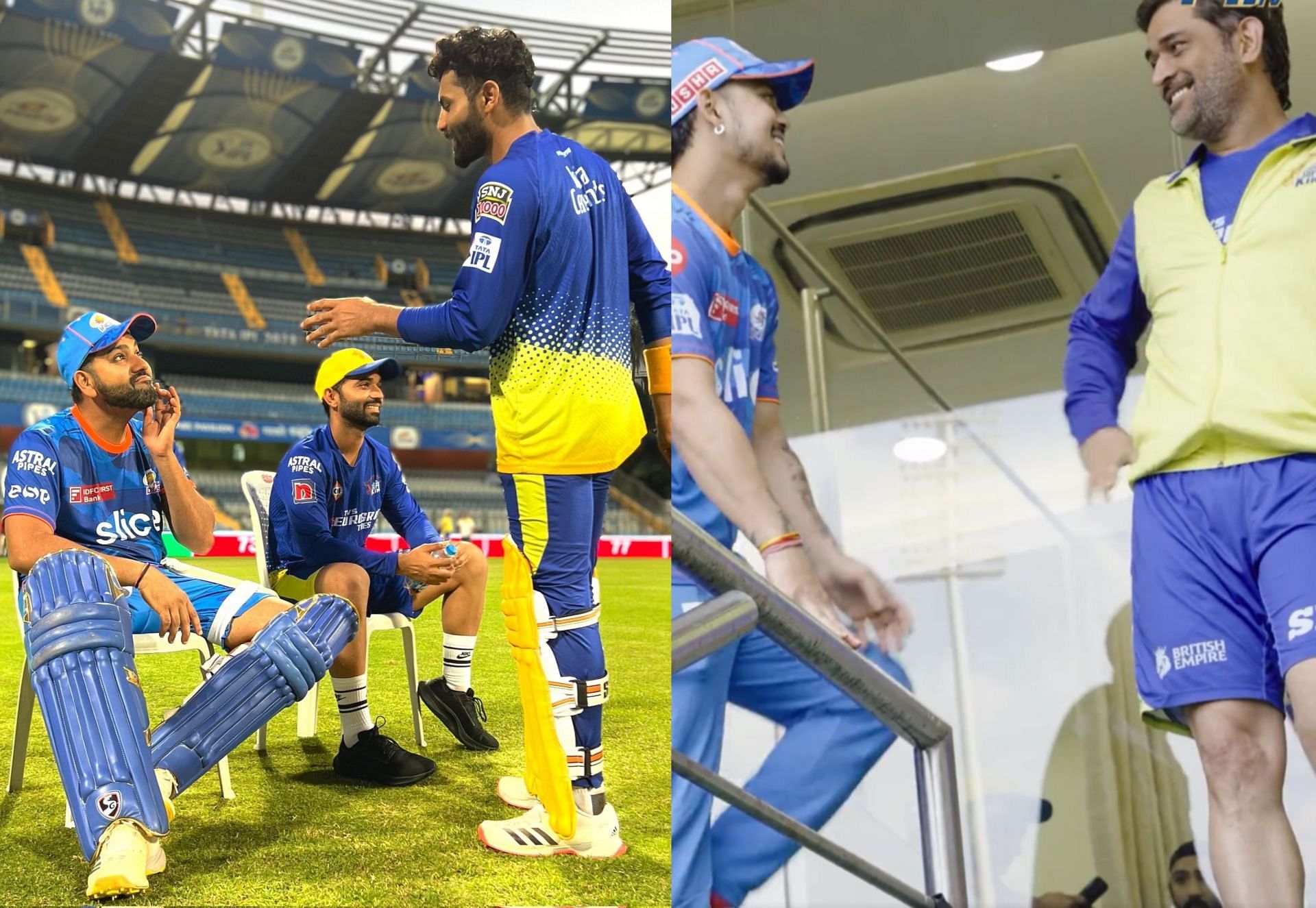 MI and CSK players having fun interactions at the Wankhede Stadium.