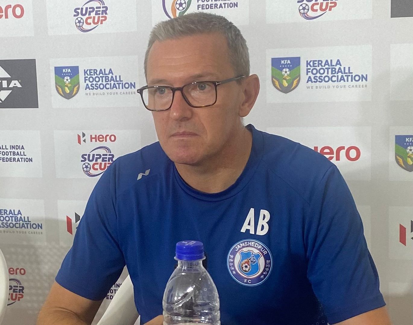 Aidy Boothroyd attending the press conference ahead of their semi-final clash against Bengaluru FC.