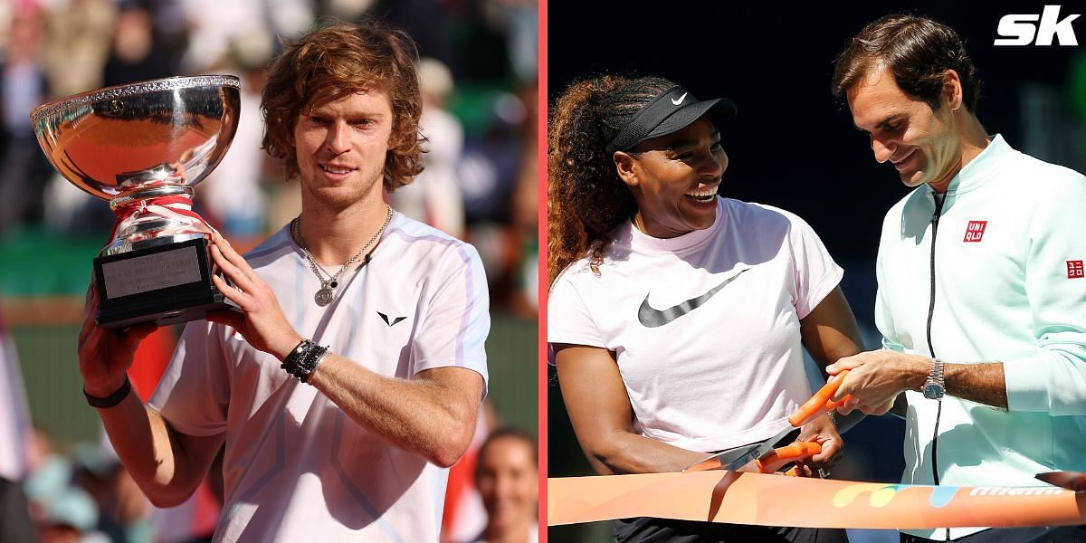 Andrey Rublev (L), Serena Williams and Roger Federer.