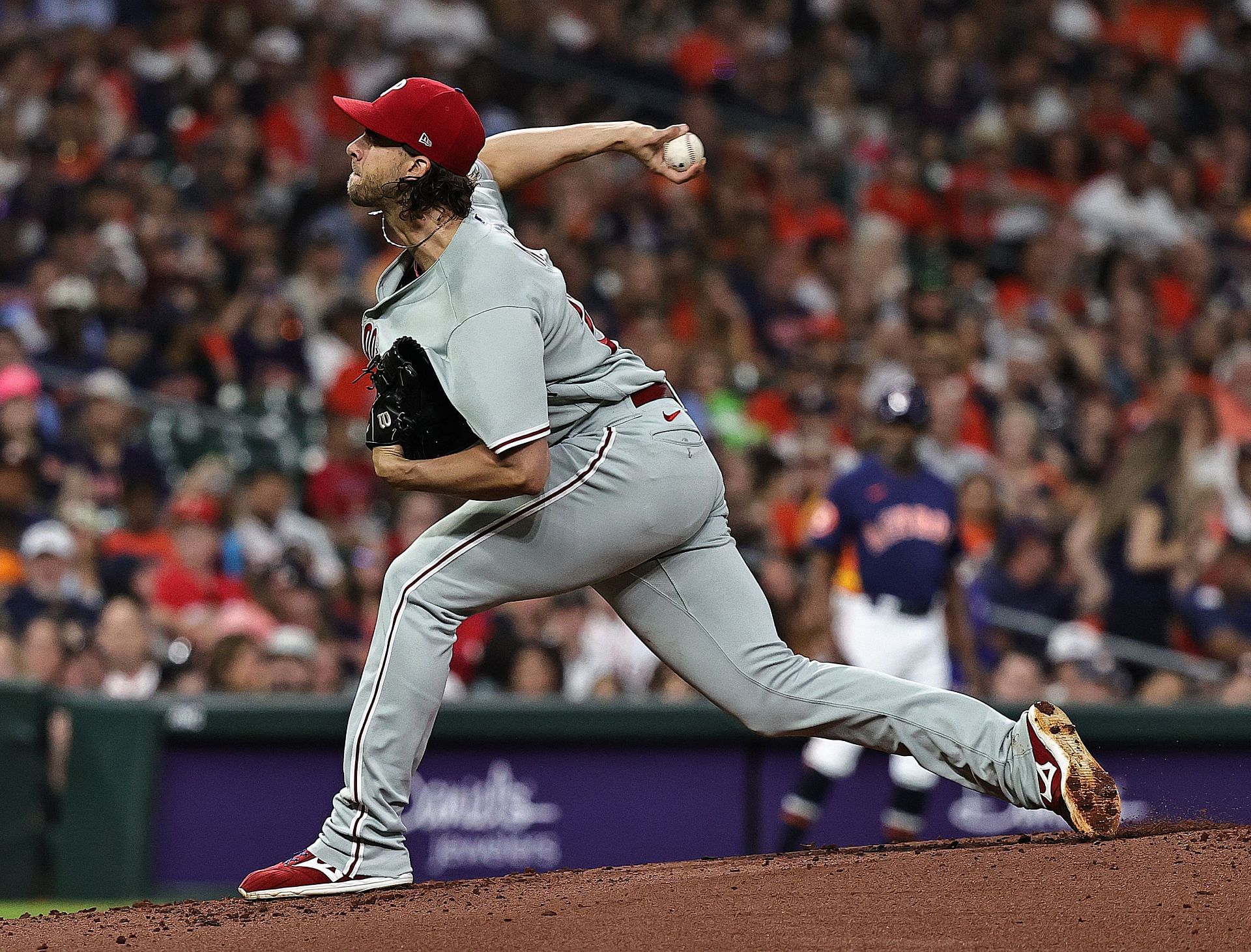 Aaron Nola #27 of the Philadelphia Phillies pitches in the first inning against the Houston Astros