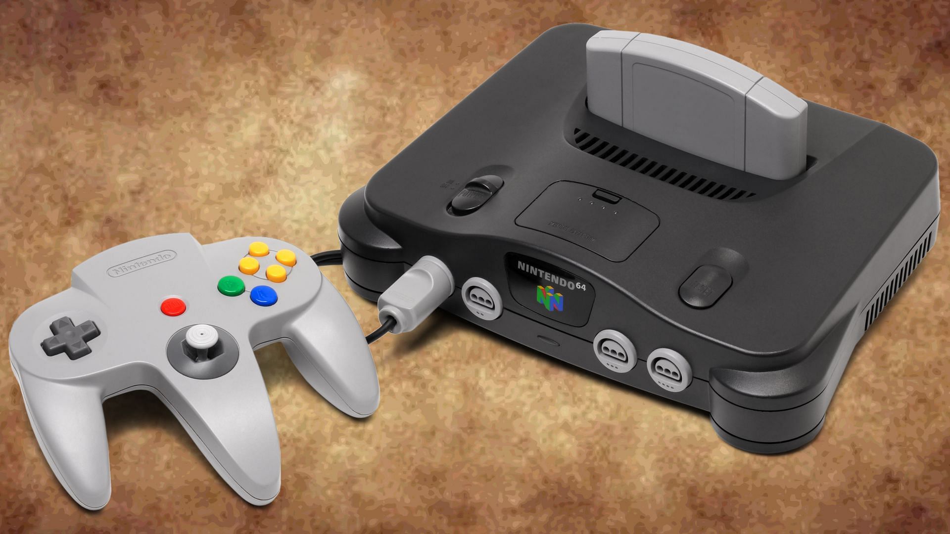 A Nintendo 64 over an aged paper background