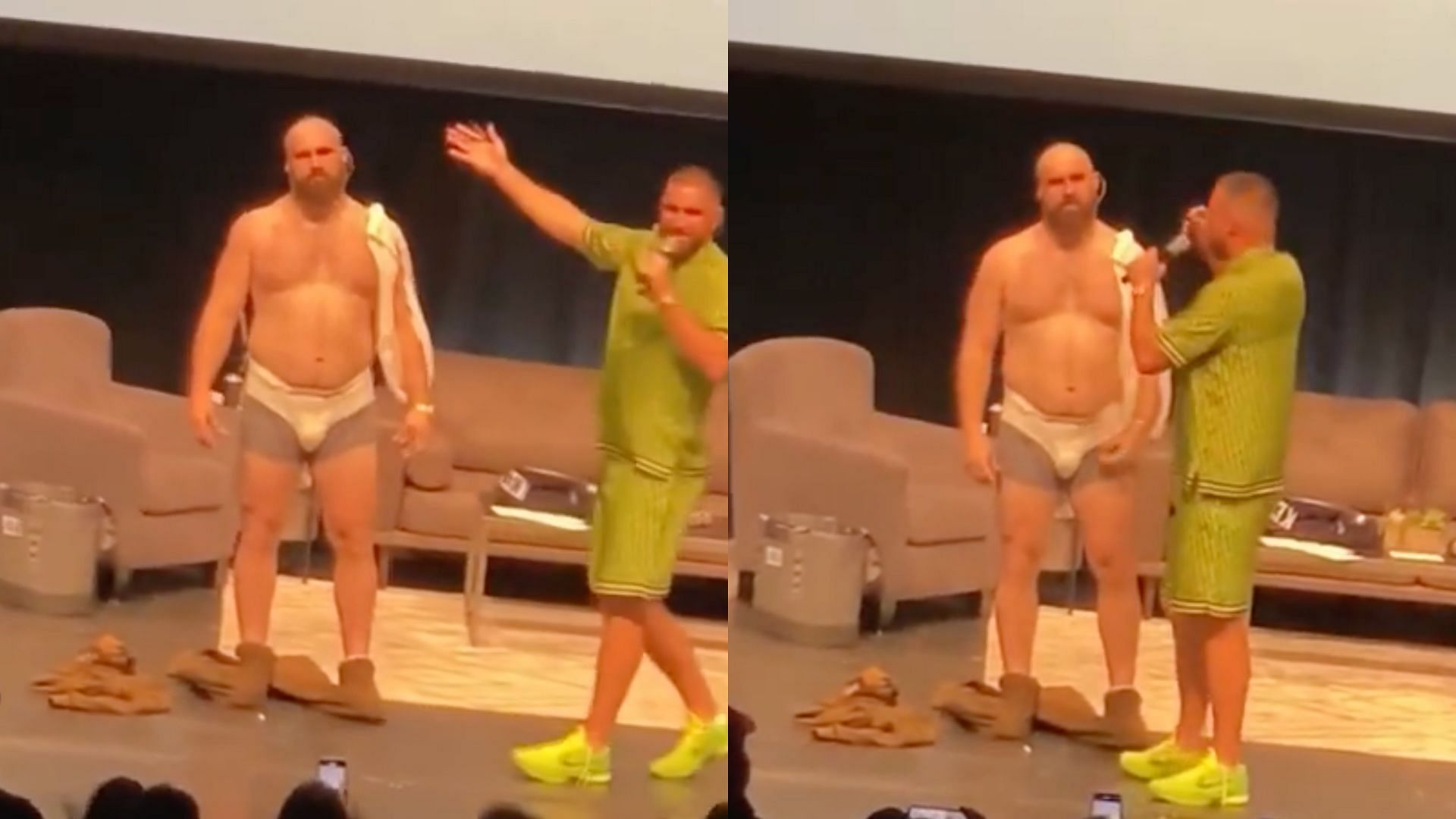 Jason Kelce with a bald head and wearing a diaper. Credit: @newheightsshow (IG)