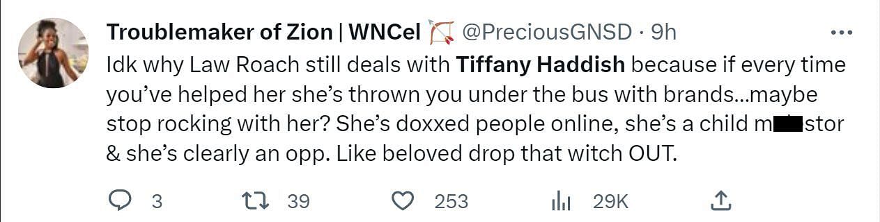 Tweet criticizing Tiffany (Image via Twitter/@PreciousGNSD)