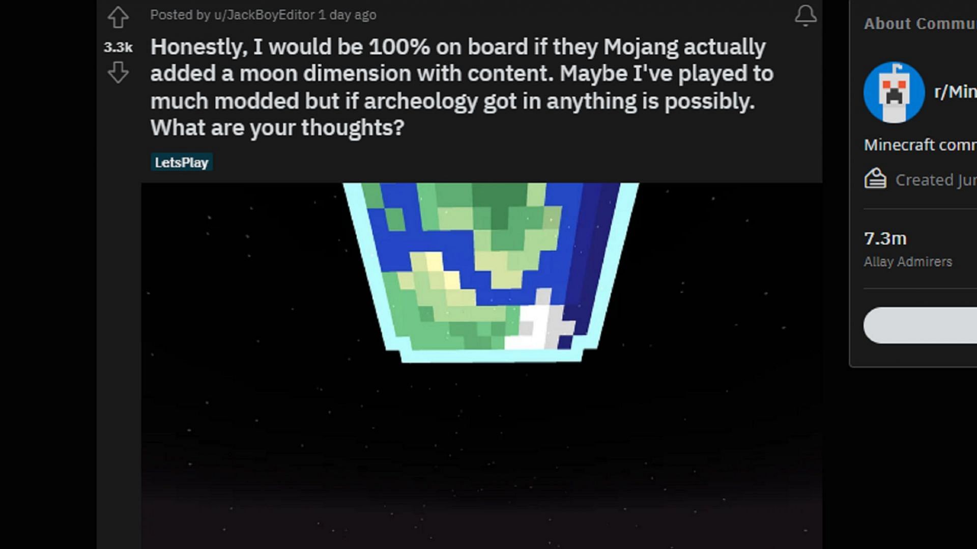 JackBoyEditor&#039;s Minecraft Reddit post voicing support of adding the moon permanently into the game (Image via u/JackBoyEditor/Reddit)