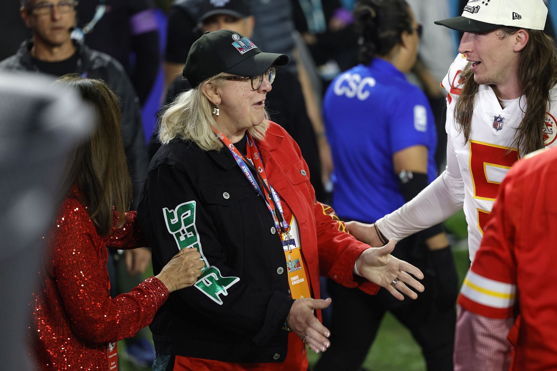 Donna Kelce, Travis Kelce and Jason Kelce&#039;s mom at Super Bowl 57