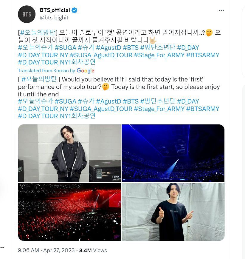 Screenshot of a translated tweet by BTS_official