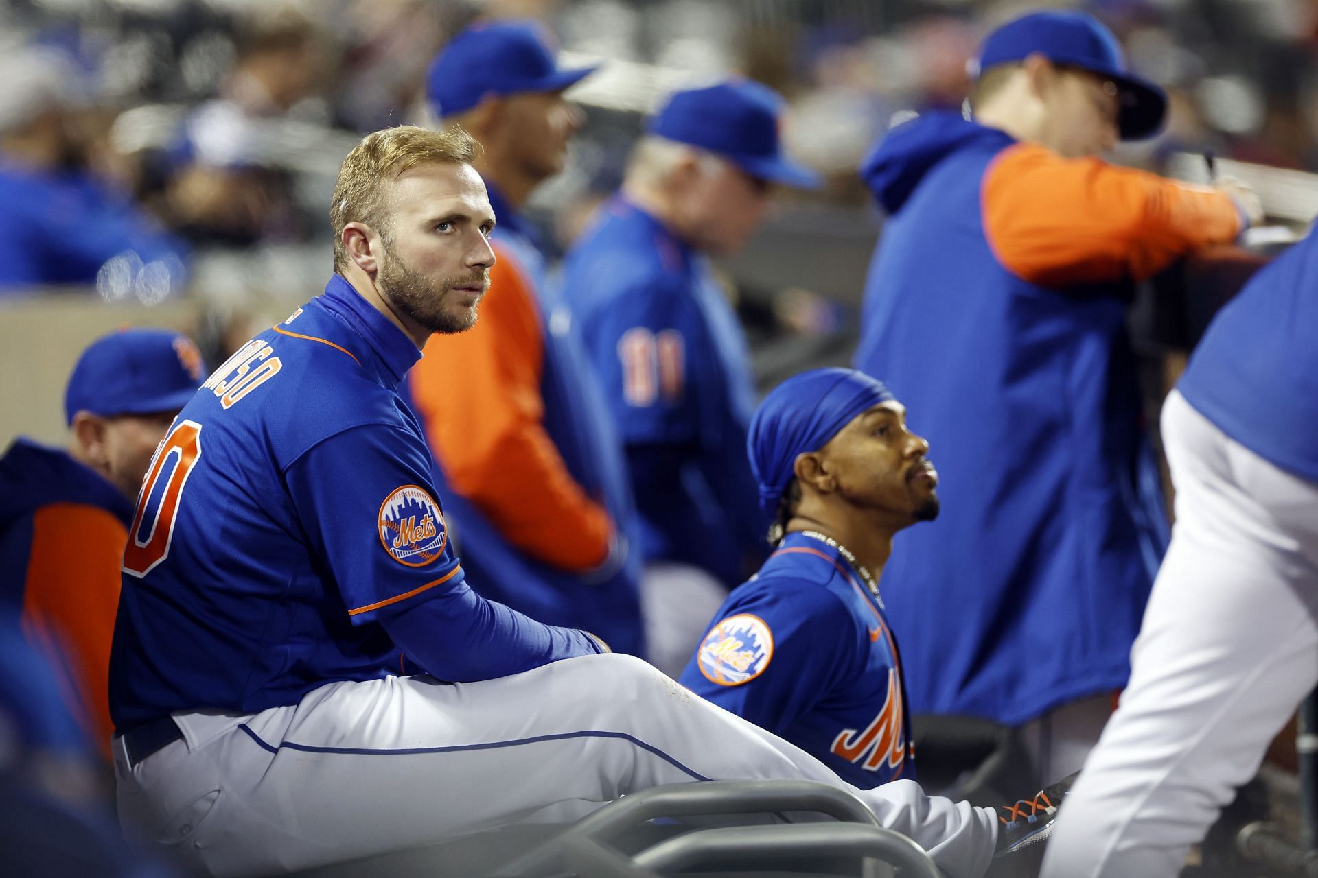 Pete Alonso #20 of the New York Mets reacts in the dugout during the sixth inning