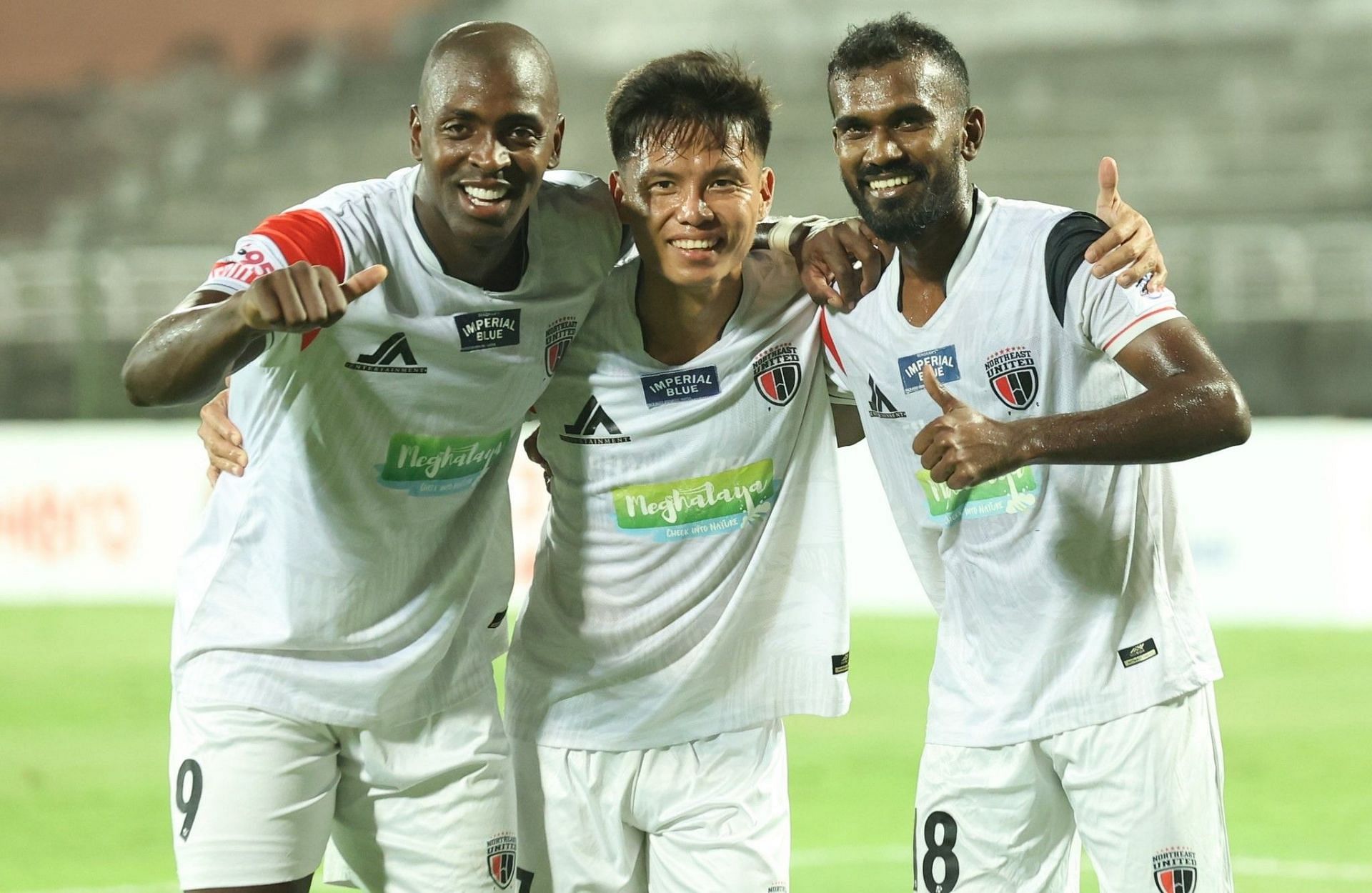 NorthEast United FC players celebrating their victory against Churchill Brothers FC.