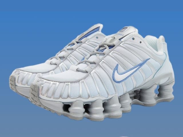 grey and blue nike shox
