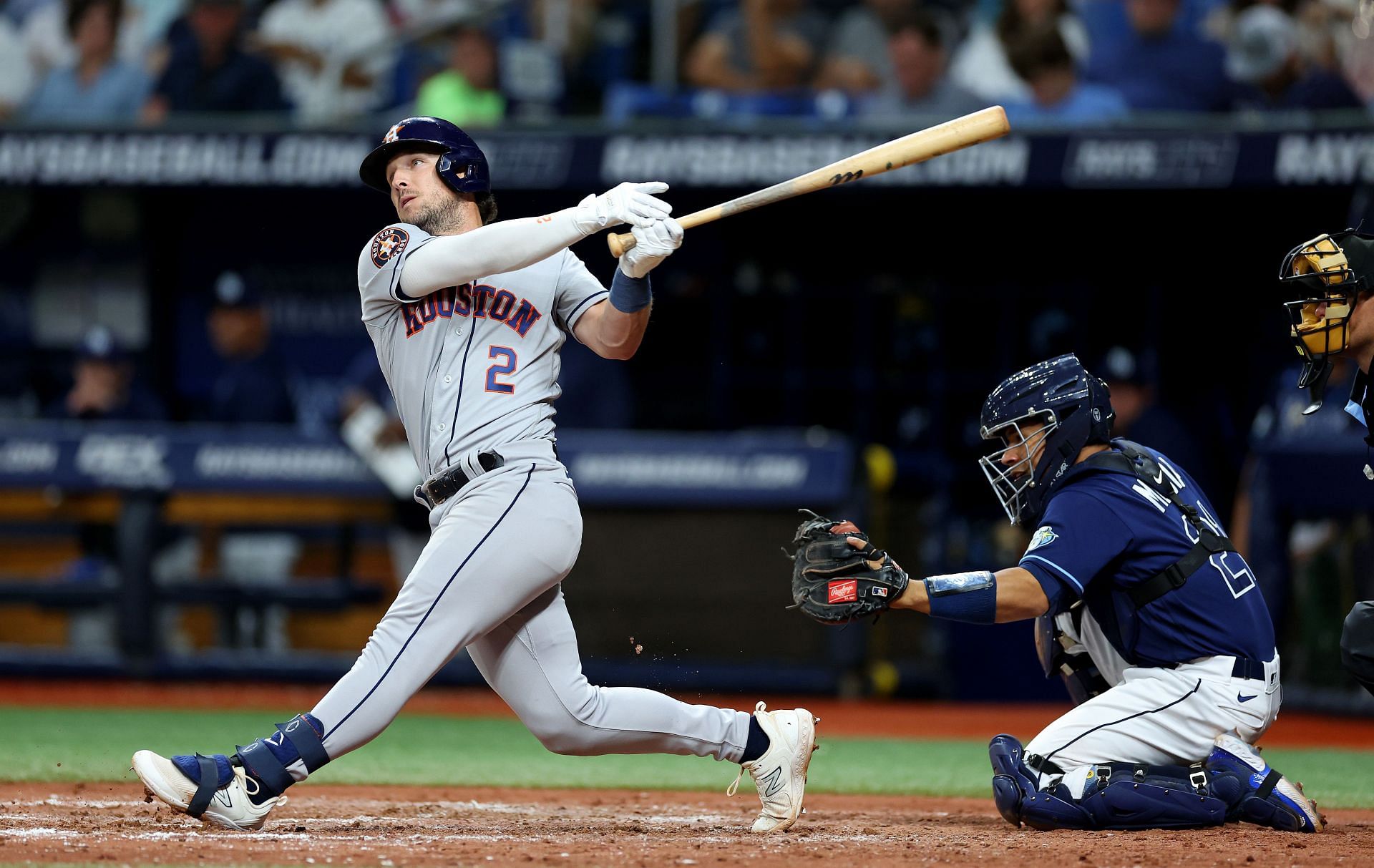 Alex Bregman #2 of the Houston Astros bits in the sixth inning during a game against the Tampa Bay Rays