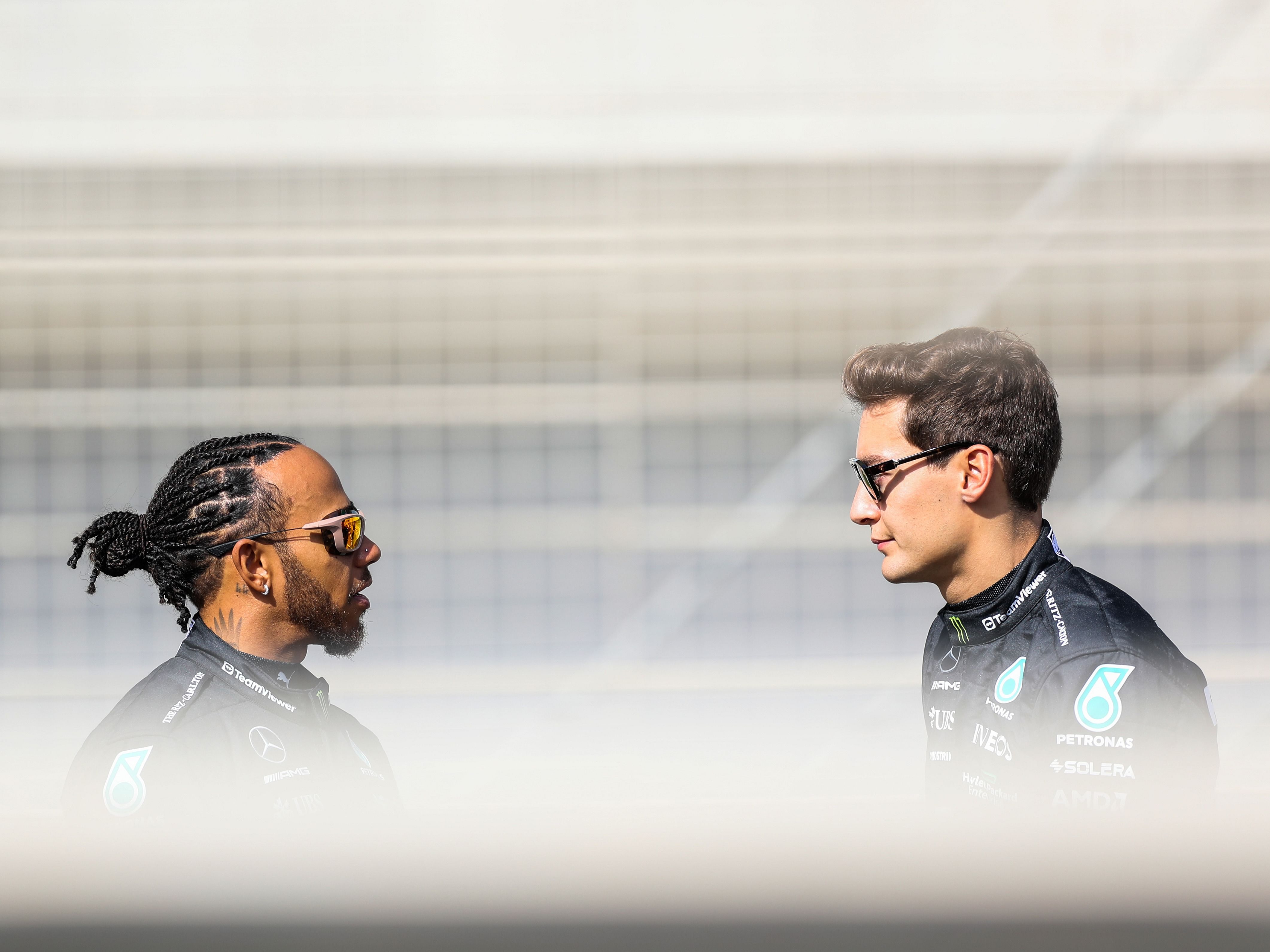 Lewis Hamilton and George Russell during day one of 2023 F1 Testing at Bahrain International Circuit (Photo by Peter Fox/Getty Images)