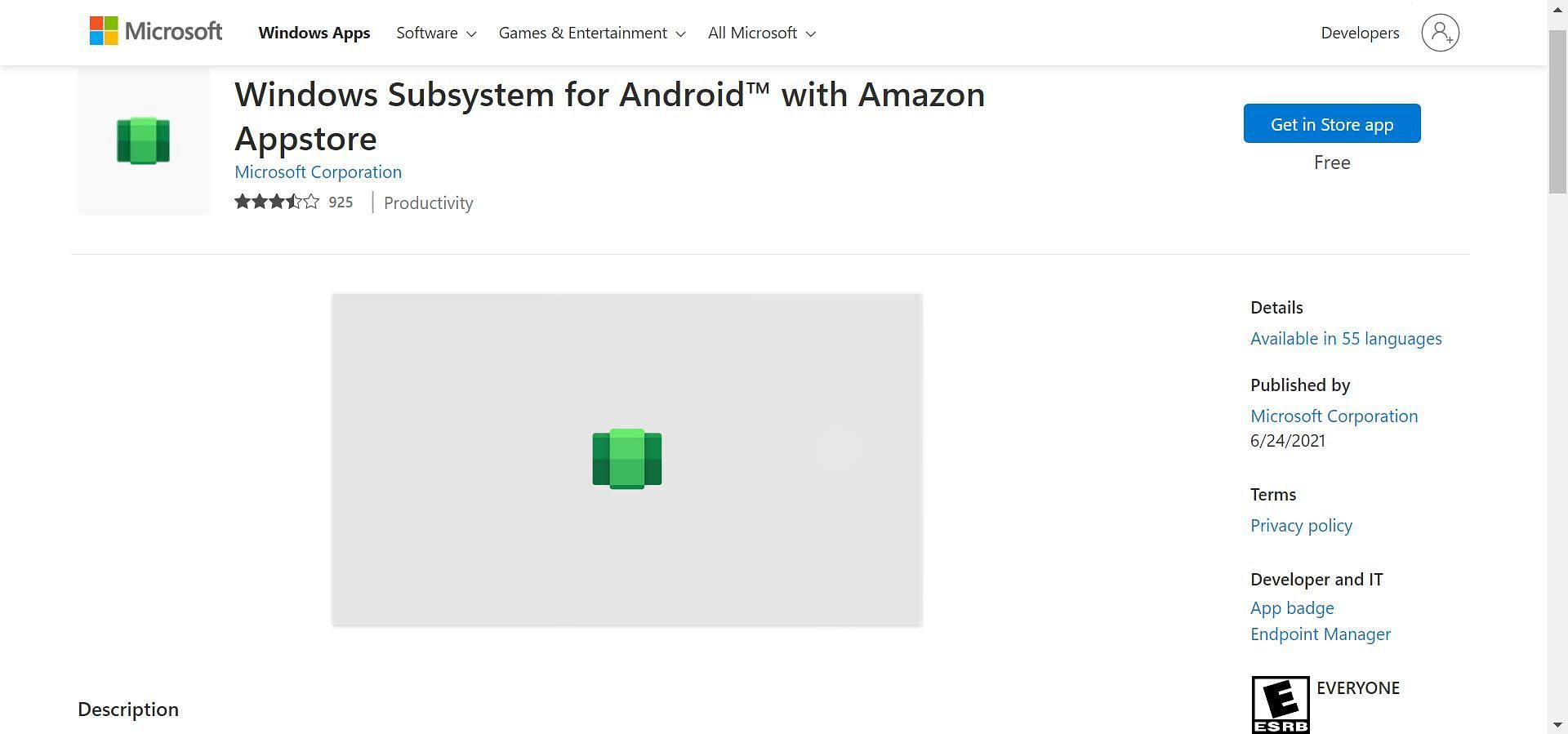 Windows Subsystem for Android in Microsoft Store (Image via Sportskeeda)