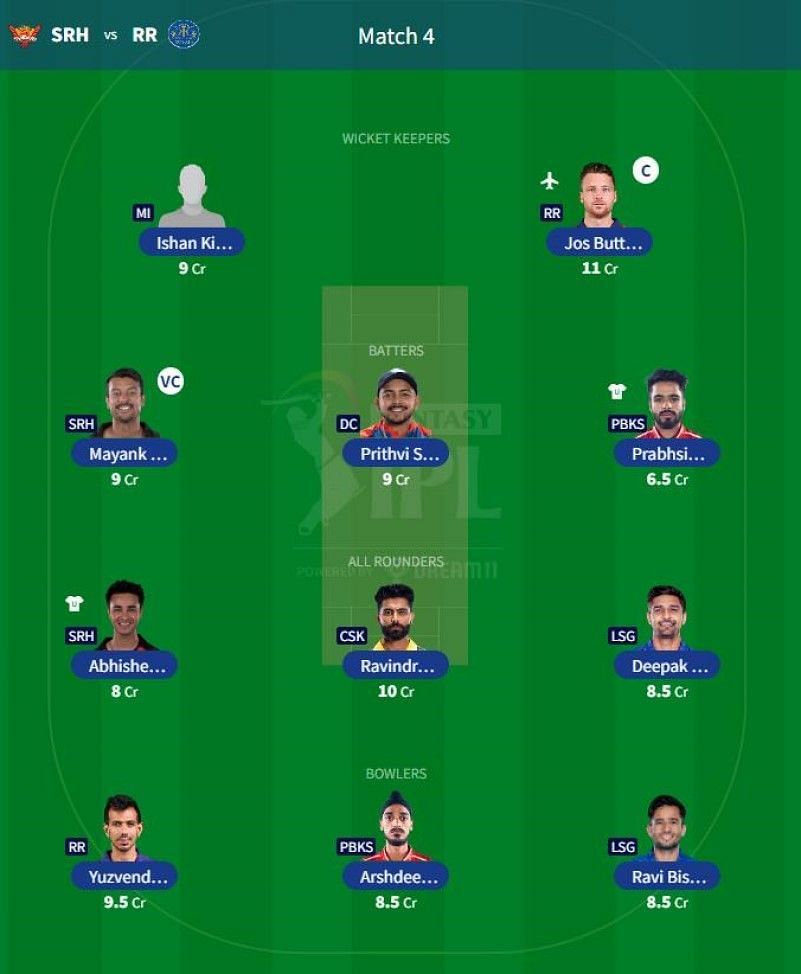 Best IPL 2023 Fantasy Team for IPL Match 4 - SRH vs RR